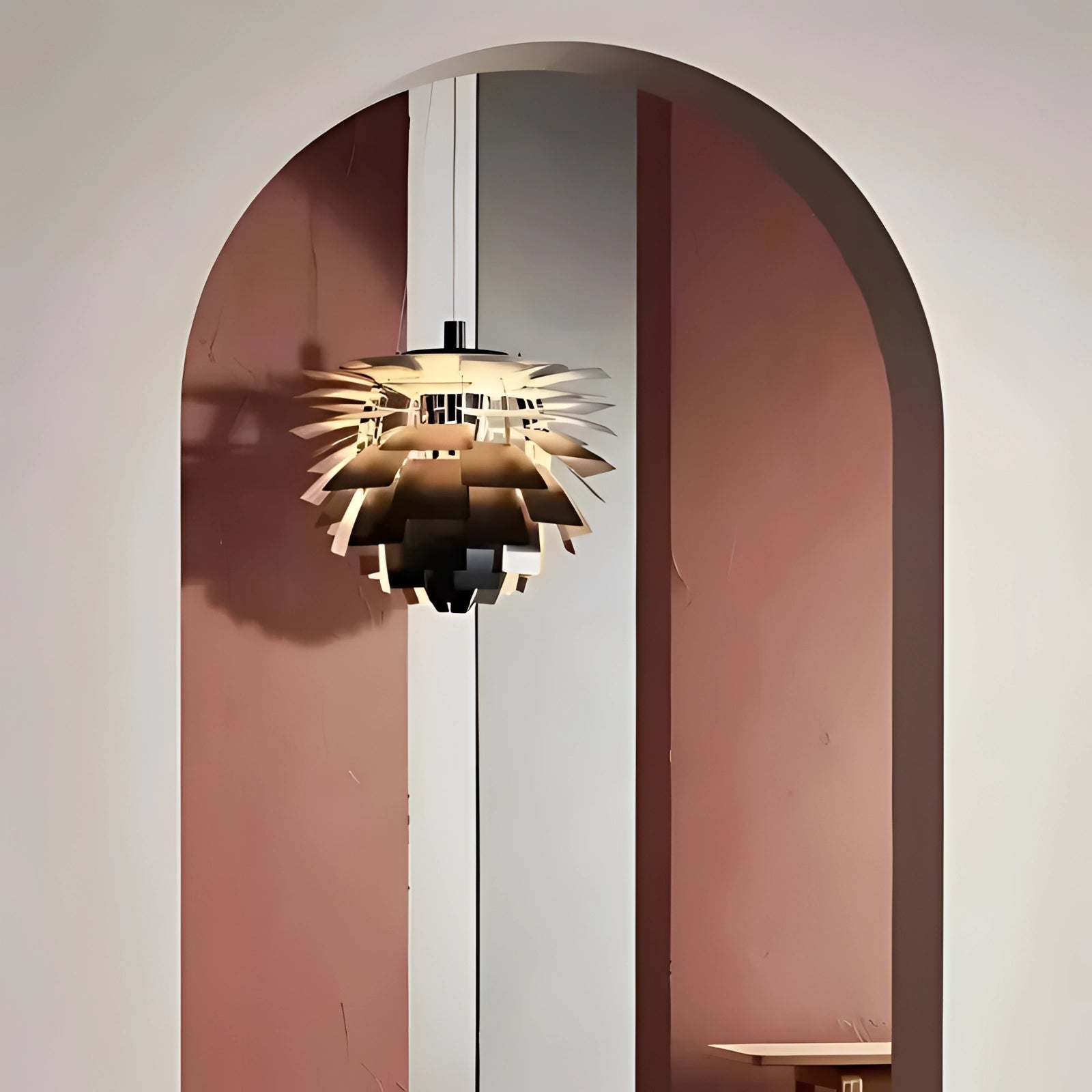 Modern Scandinavian pendant lamp with wooden slats, showcasing a chandelier design and metallic light fixture elements.