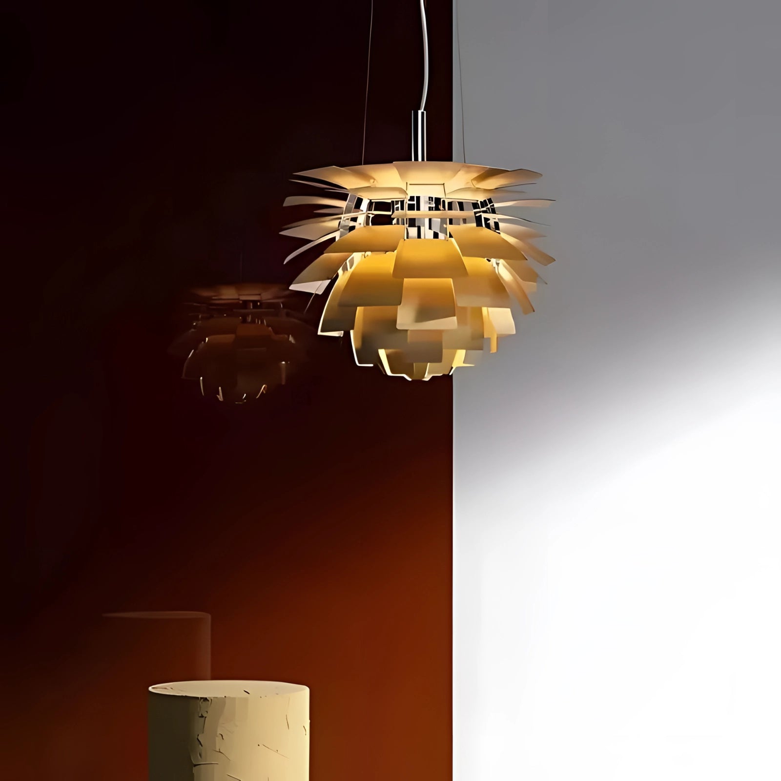Modern wooden slat chandelier with Scandinavian design, featuring an amber light illuminating from above, highlighting its artistic and elegant construction.