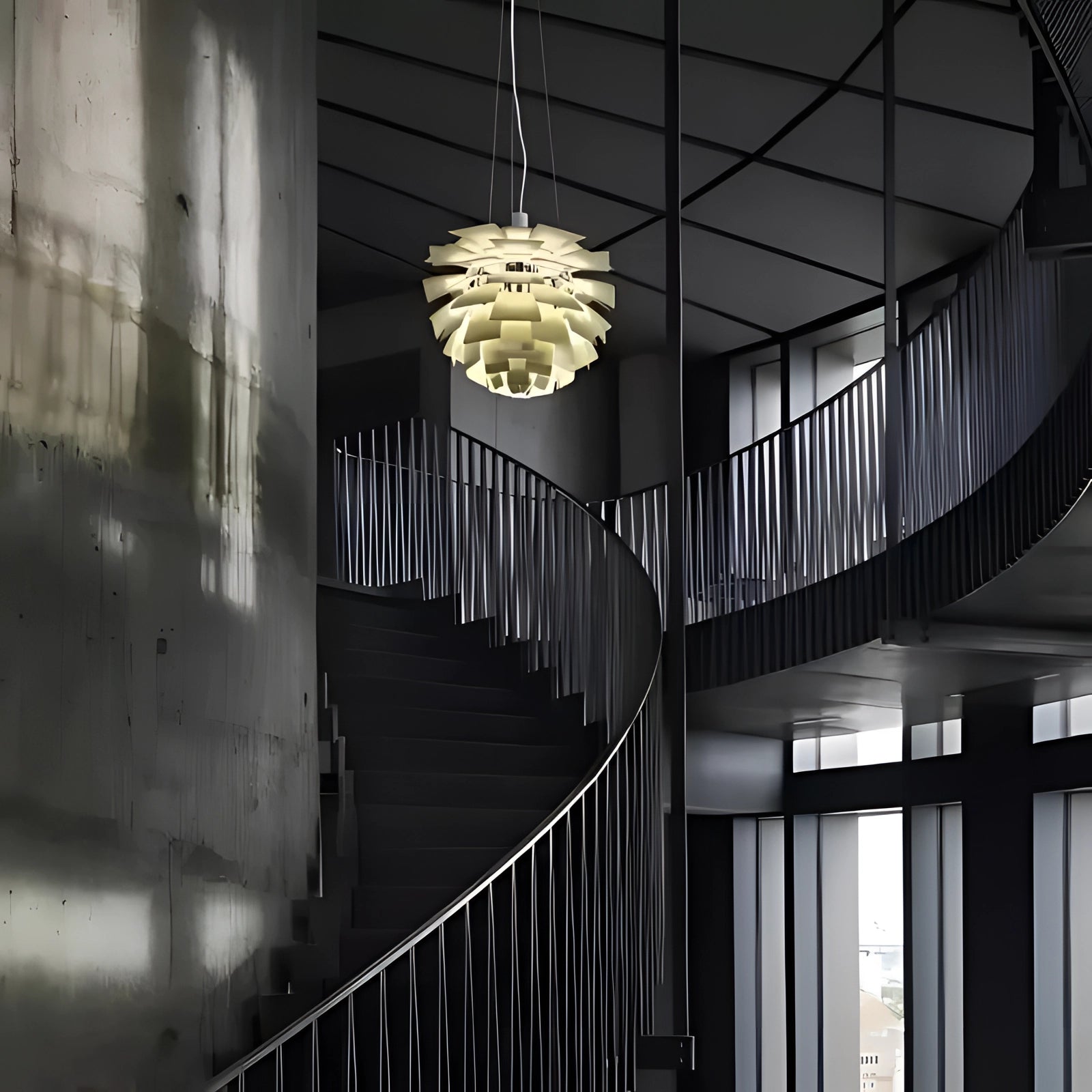 Modern Scandinavian pendant lamp featuring a wooden slat design, suspended from the ceiling with a symmetrical arrangement, incorporating elements of metal and glass for a contemporary aesthetic.