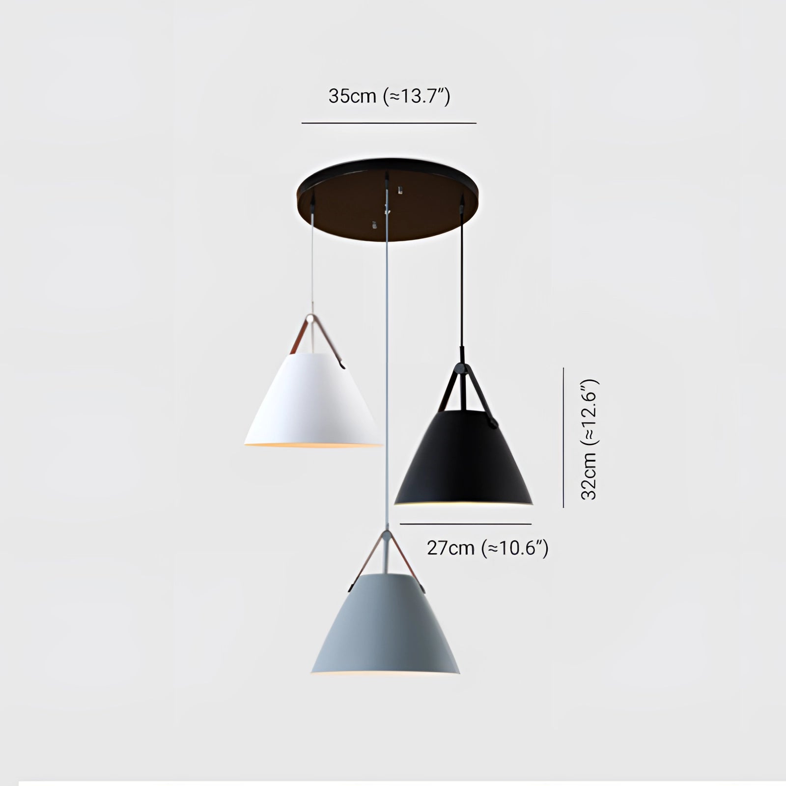 Modern Scandinavian pendant lights featuring a round, three-head design with a black and white adjustable lamp. The pendant lights have a sleek, minimalist style with cone-shaped shades, ideal for ceiling installation to enhance contemporary interiors.