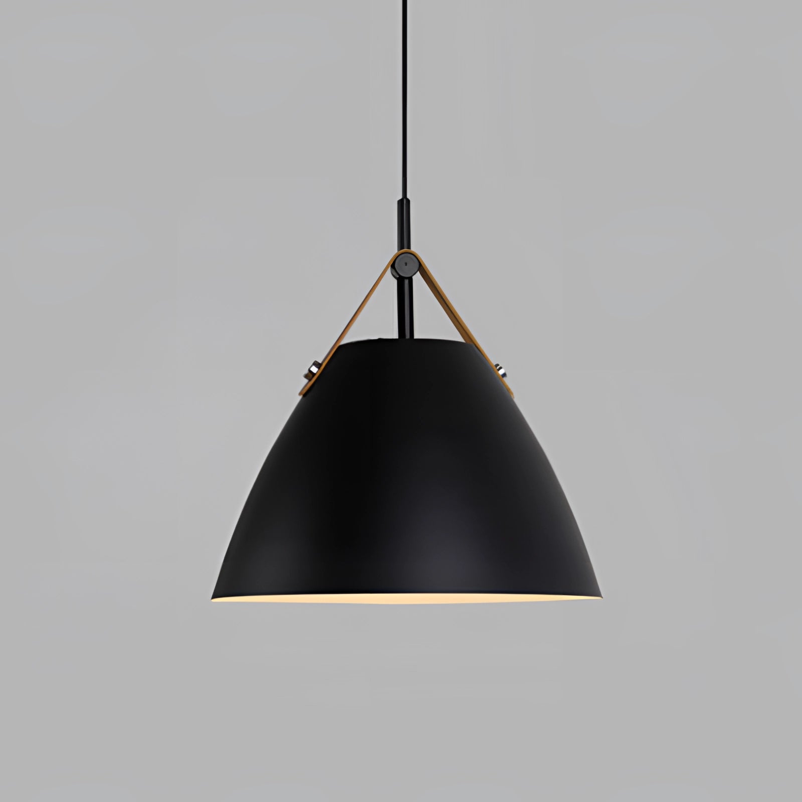 Modern Scandinavian large black pendant light with a geometric triangular design, featuring a cone-shaped shade and wooden accents, hanging as a ceiling fixture.