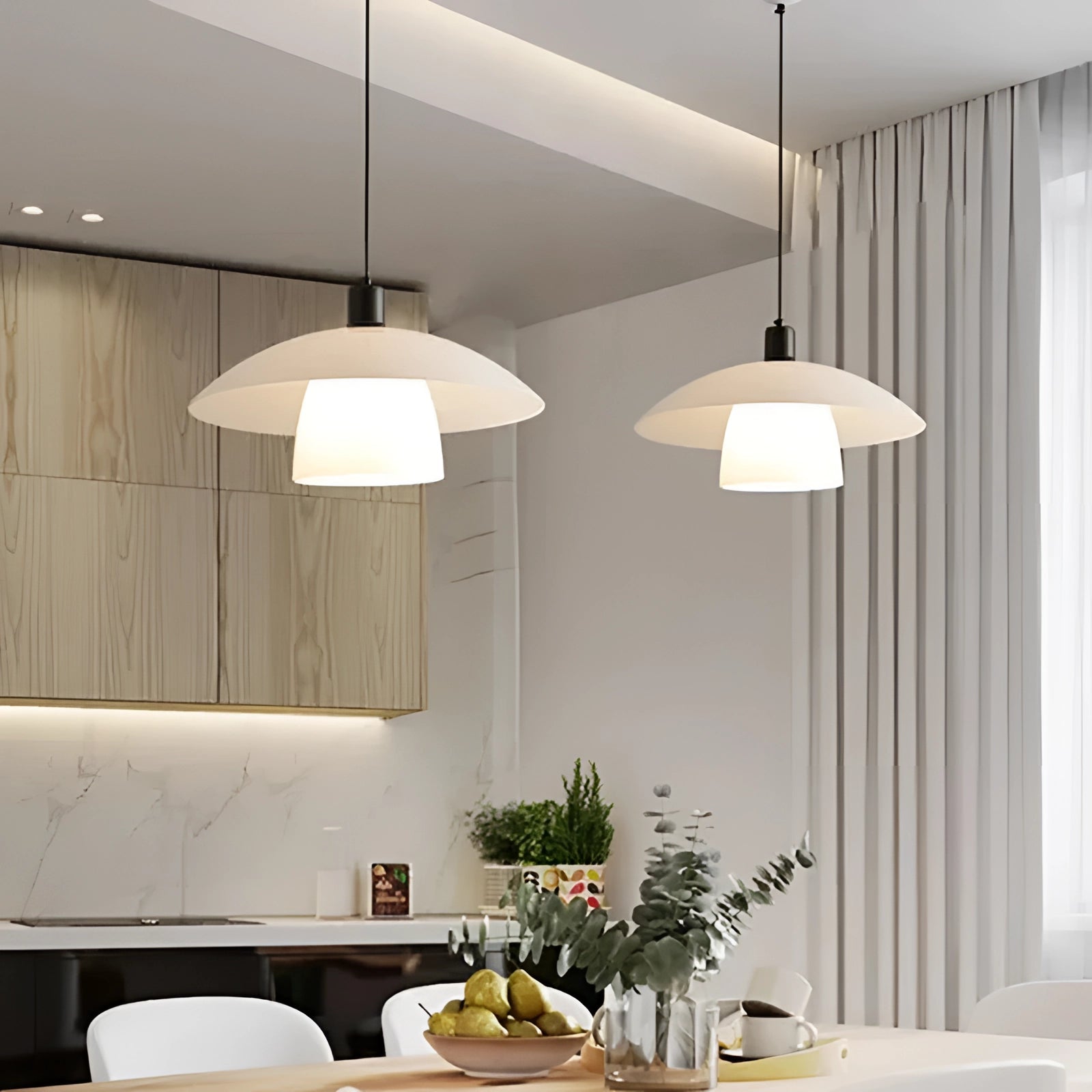 Modern Scandinavian pendant light with a white dome shade, 40CM in diameter, emitting natural light, hanging above a kitchen island with wooden accents and minimalistic interior design.