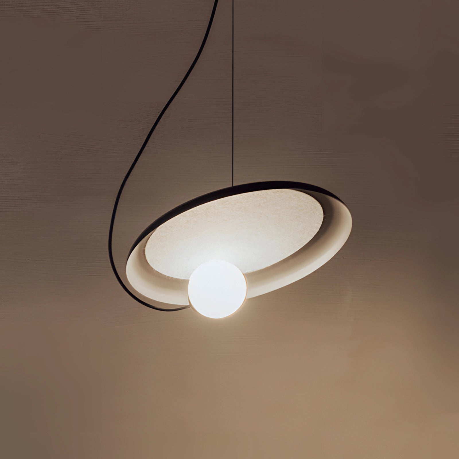 Modern Scandinavian pendant light with a minimalist design, featuring a 13.8-inch black finish and wood accents, suspended from the ceiling.