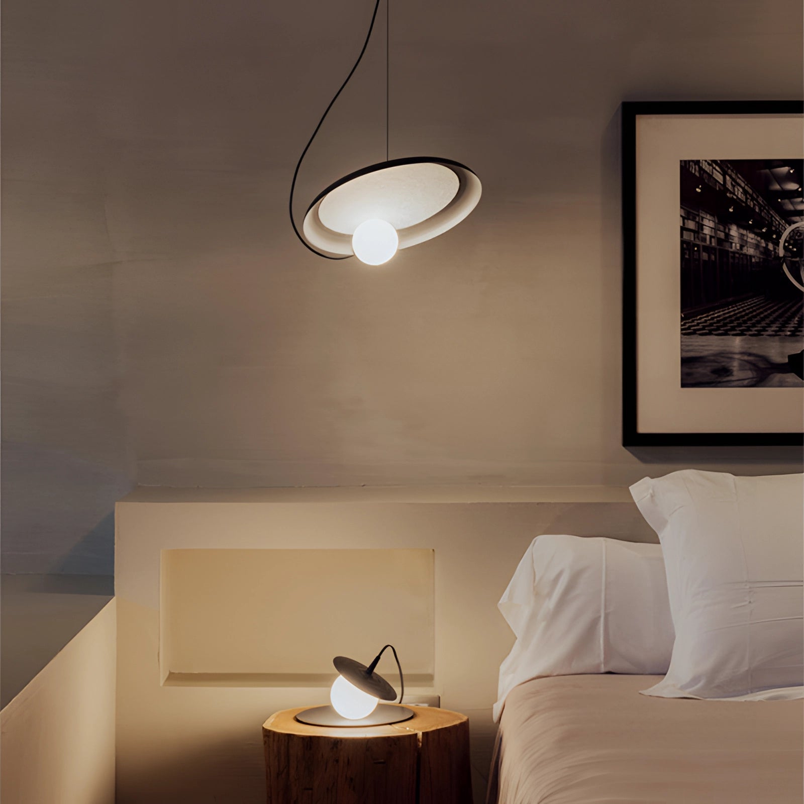 Modern Scandinavian pendant light with a minimalist design featuring a white shade and wood accent, suitable for interior design and architecture, measuring 9.8 inches.