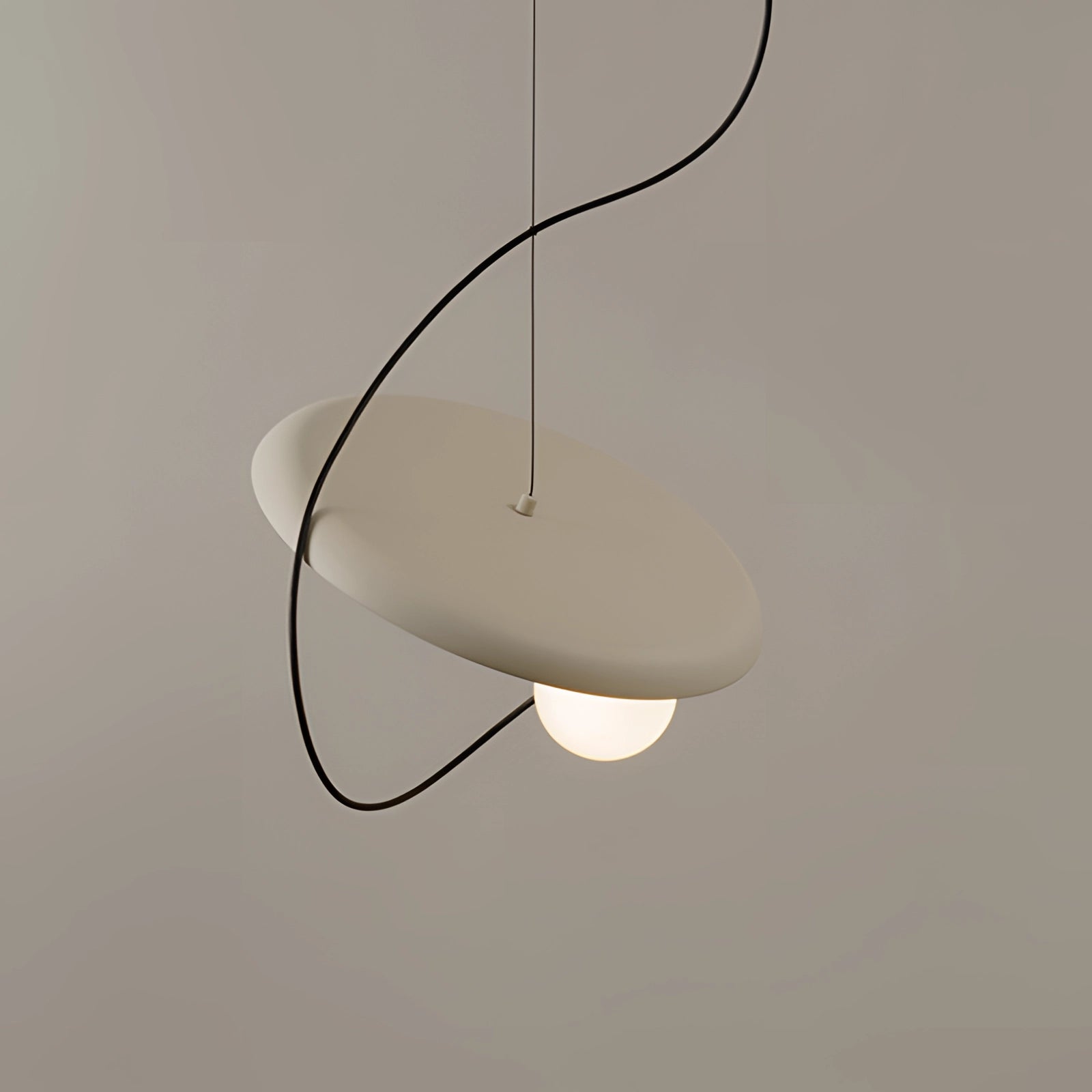 Modern Scandinavian pendant light featuring a minimalist design with wood accents, hanging from the ceiling as a stylish lighting fixture, illuminating the space with a soft glow.