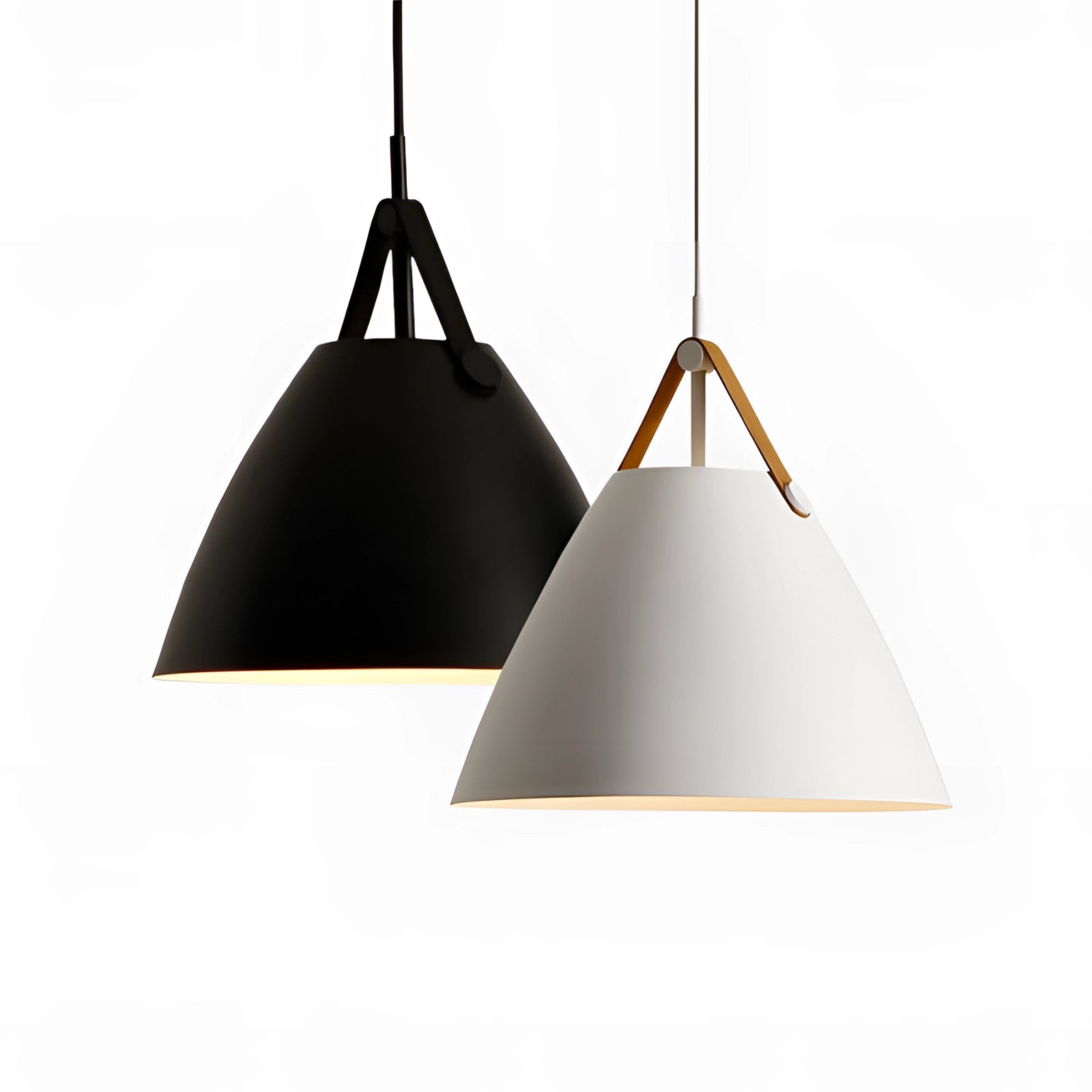 Modern Scandinavian pendant light with a triangular cone shade in black and white, featuring adjustable wooden elements and symmetrical design.