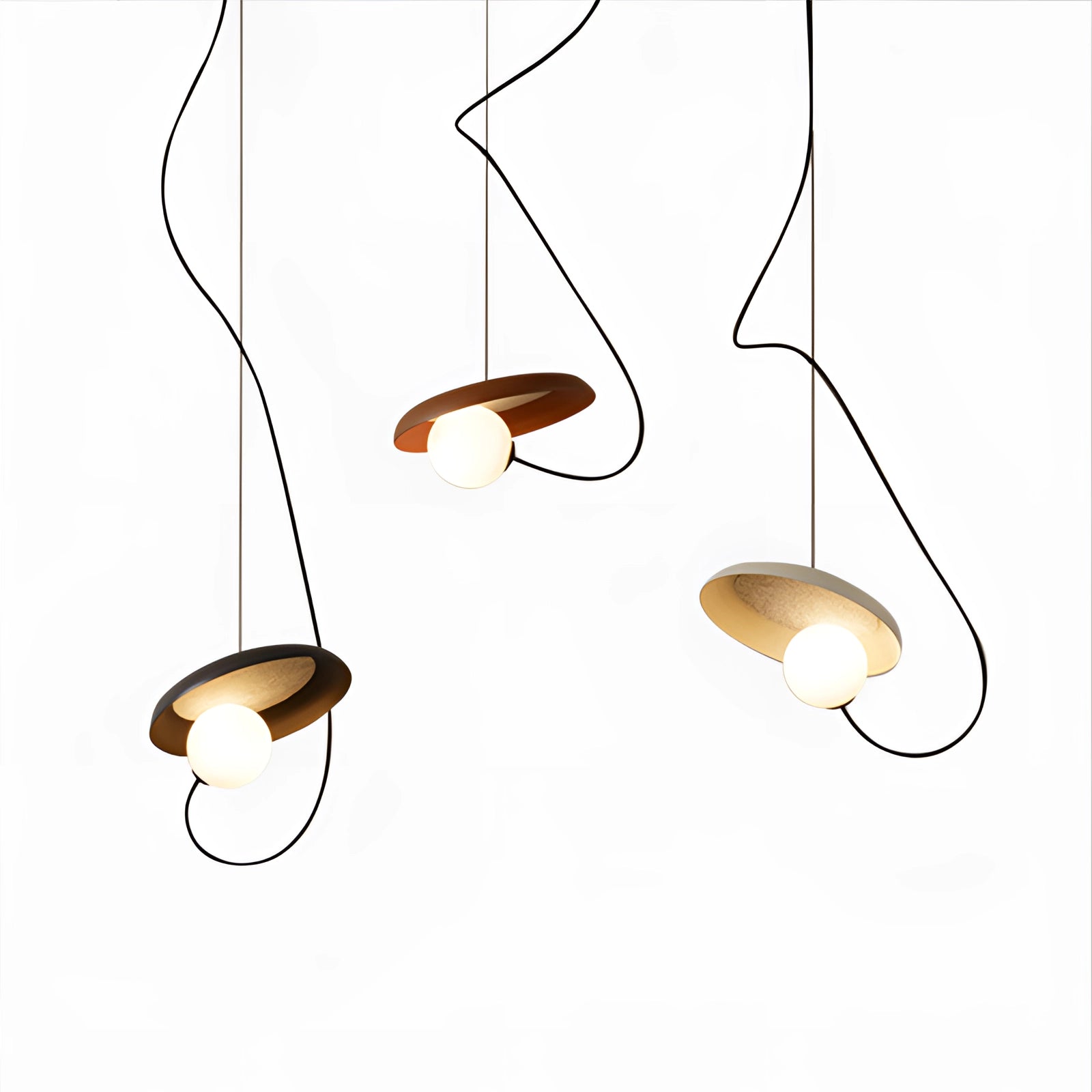 A modern Scandinavian pendant light with a minimalist wood accent, hanging from the ceiling, illuminating the surrounding area. The lamp features a simple, elegant design suitable for contemporary interiors.