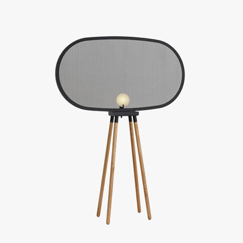 A modern Scandinavian tripod floor lamp with an oval shade in warm white, featuring sleek wooden legs and a minimalist design, ideal for contemporary interiors.