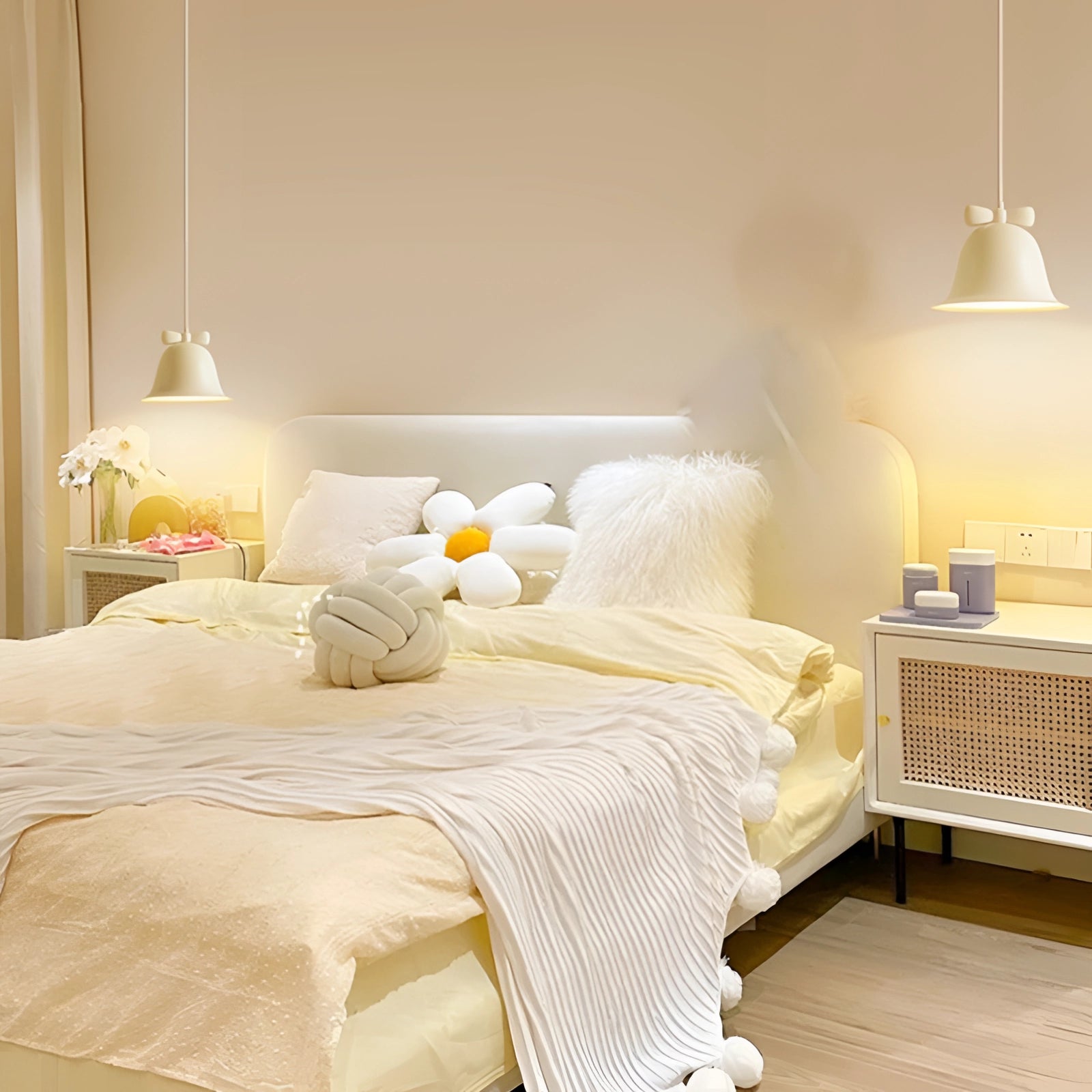 Modern Scandinavian white LED pendant light with minimalist design hanging over a stylish, contemporary room featuring wooden flooring and furniture, creating a comfortable and elegant ambiance.