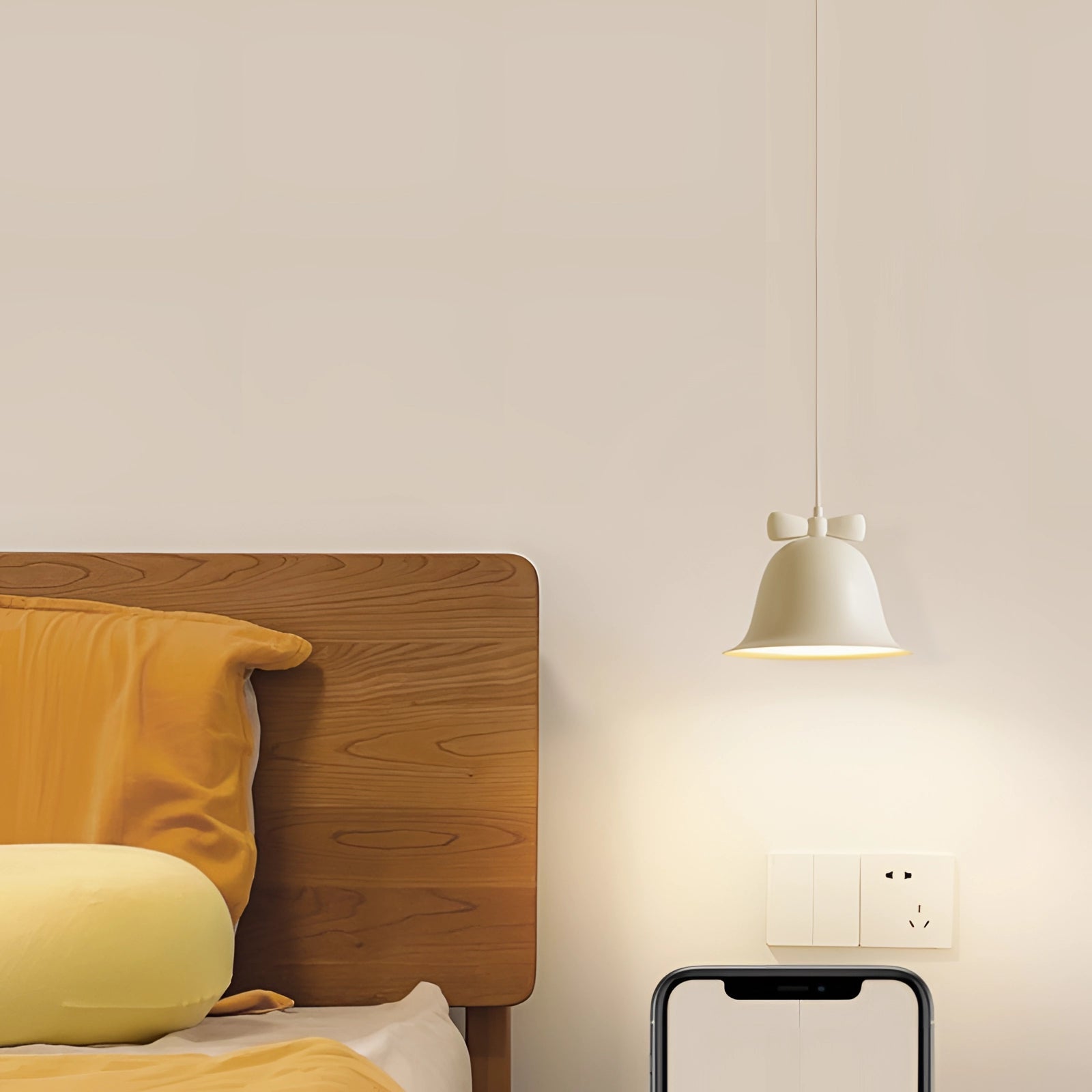Modern Scandinavian white LED pendant light with a minimalist design, featuring a rectangular wooden element and a sleek grey lampshade, elegantly illuminating a living room with hardwood flooring and shelving.