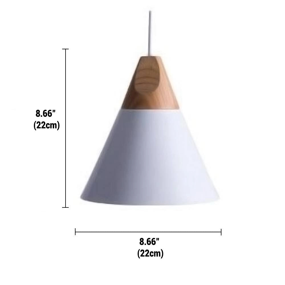 Modern Scandinavian wood pendant light with dual-tone gray and yellow adjustable cone-shaped lampshade, white color, medium size, hanging from the ceiling.