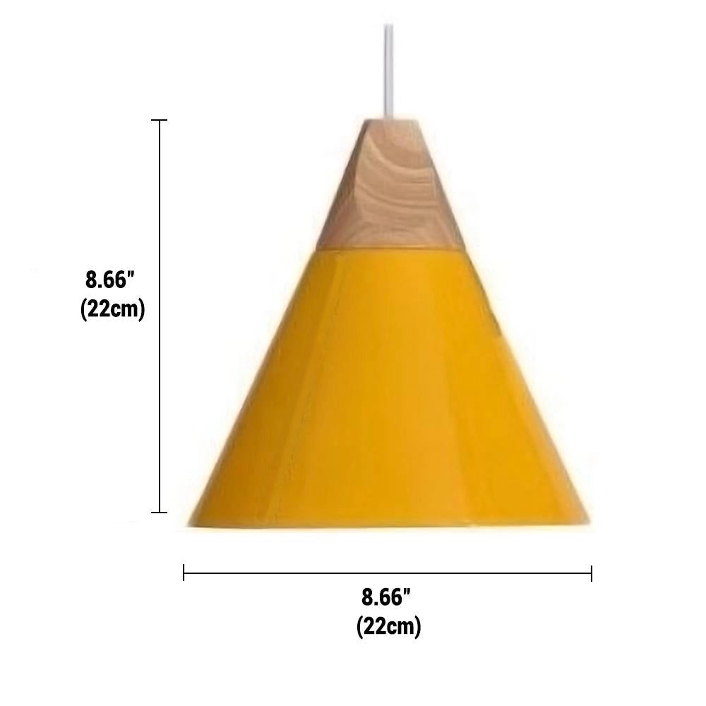 Modern Scandinavian wood pendant light in dual-tone gray and yellow, adjustable, medium-sized, triangle-shaped with a cone design.