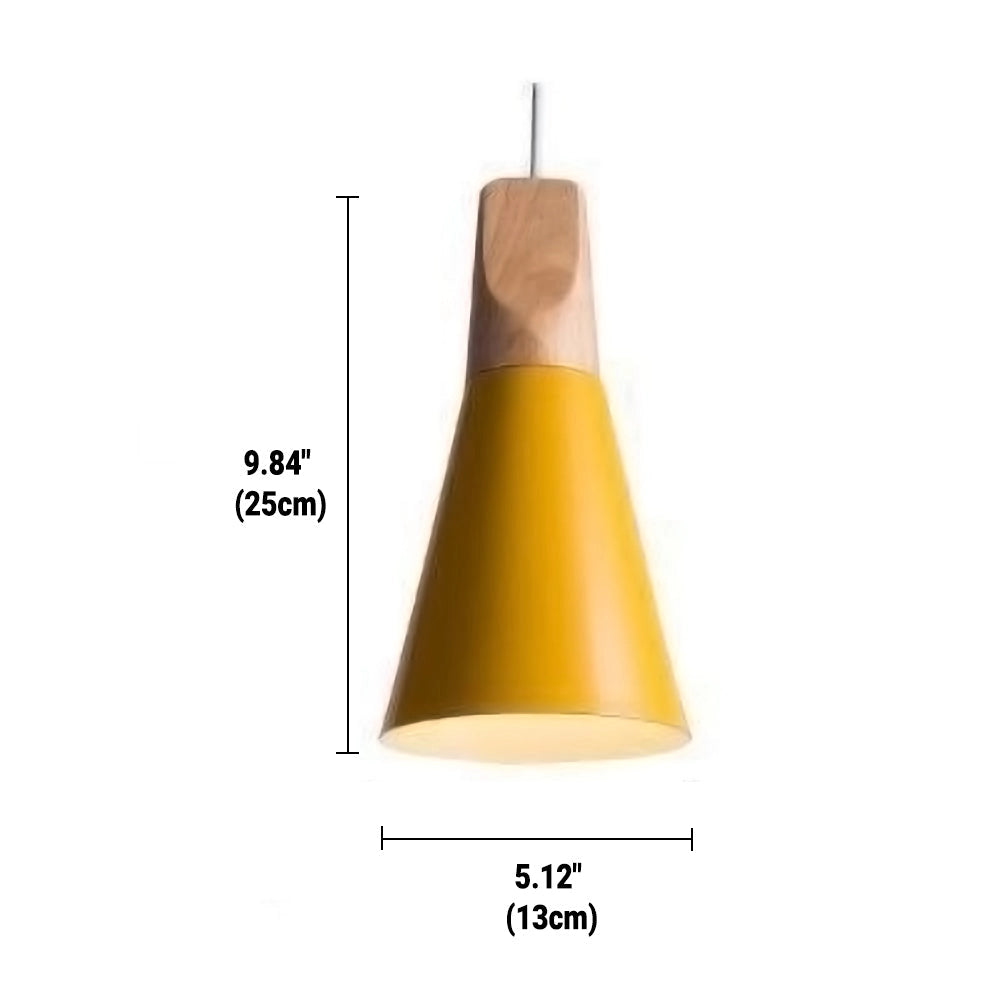 Modern Scandinavian dual-tone gray and yellow adjustable wood pendant light in small size, featuring a sleek conical design with a combination of wooden and metal materials, hanging from the ceiling.