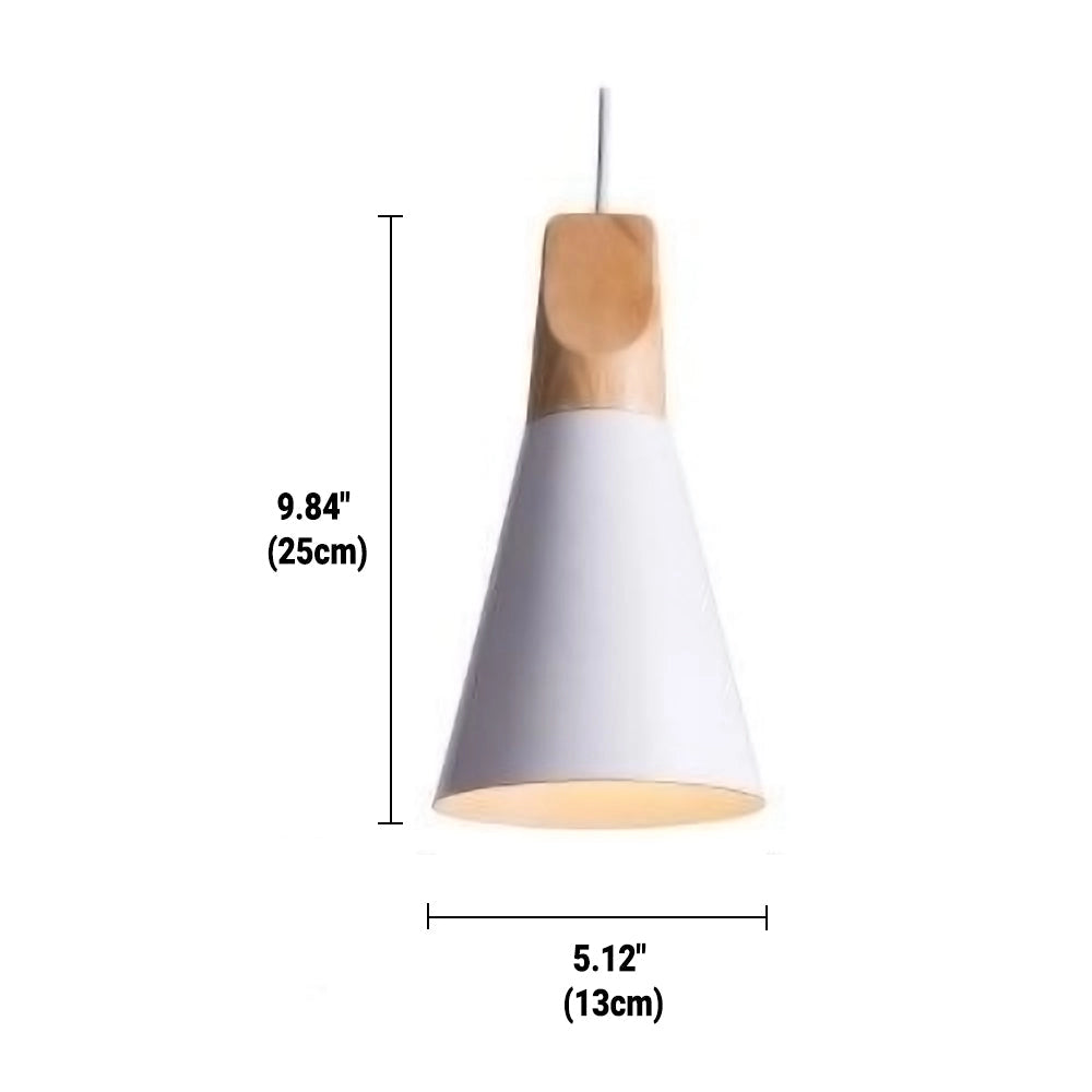 Modern Scandinavian wood pendant light with dual-tone gray and yellow adjustable lampshade, small size in white, featuring a cone shape and ceiling fixture.