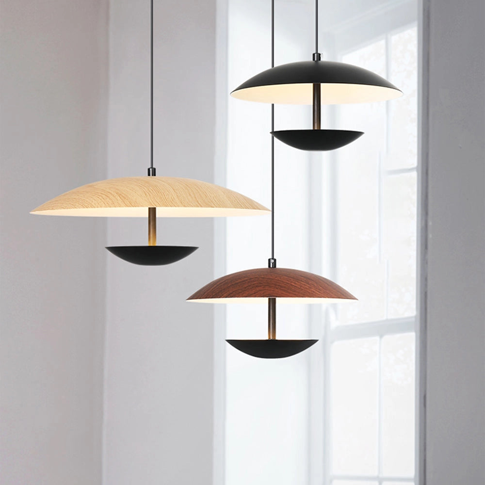 Modern Scandinavian wooden and metal pendant light with a rectangular shade, elegantly suspended, showcasing wood and metal materials, ideal for dining room illumination.