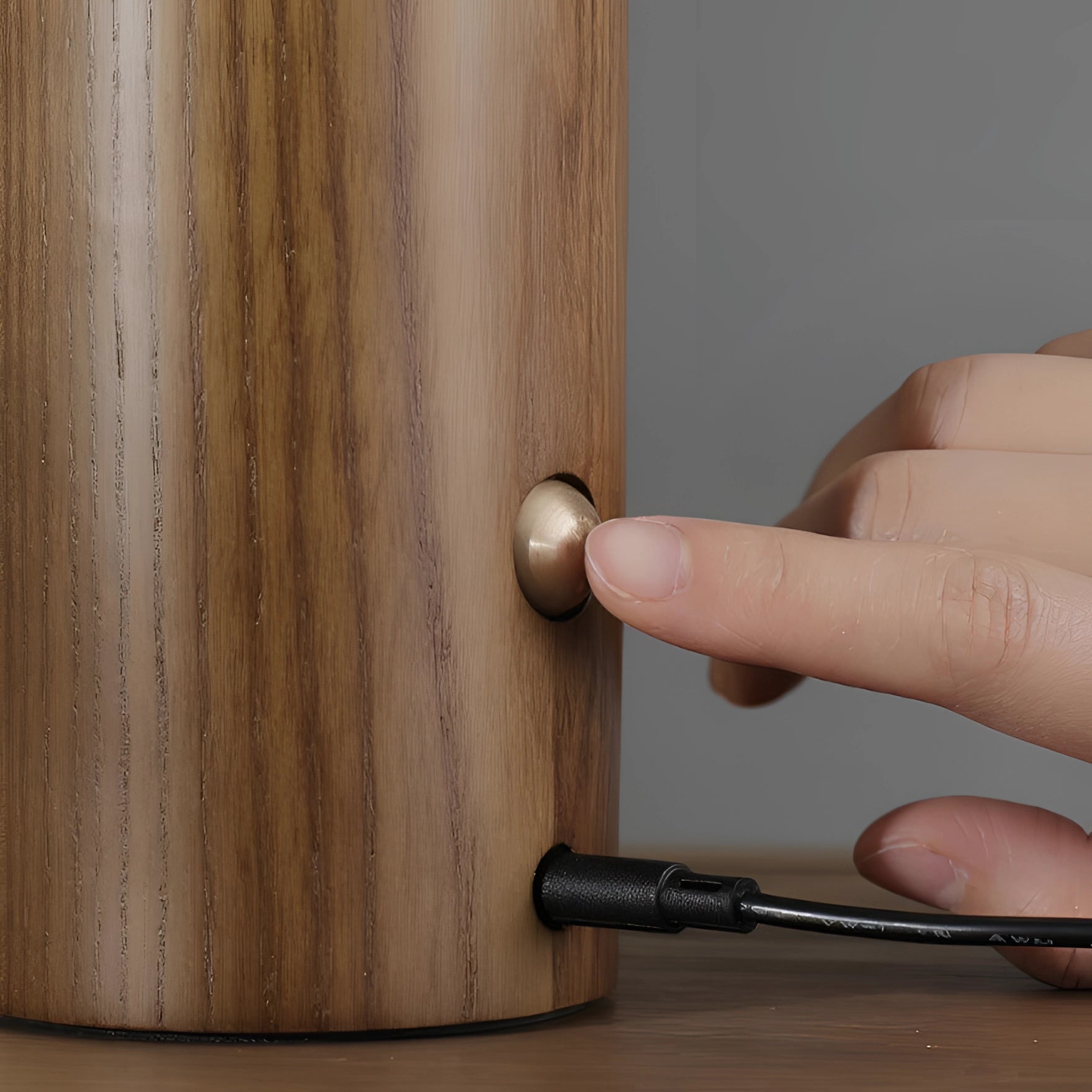 Modern Scandinavian wooden table lamp with minimalist design, featuring a stylish hardwood base and a smooth varnish finish.