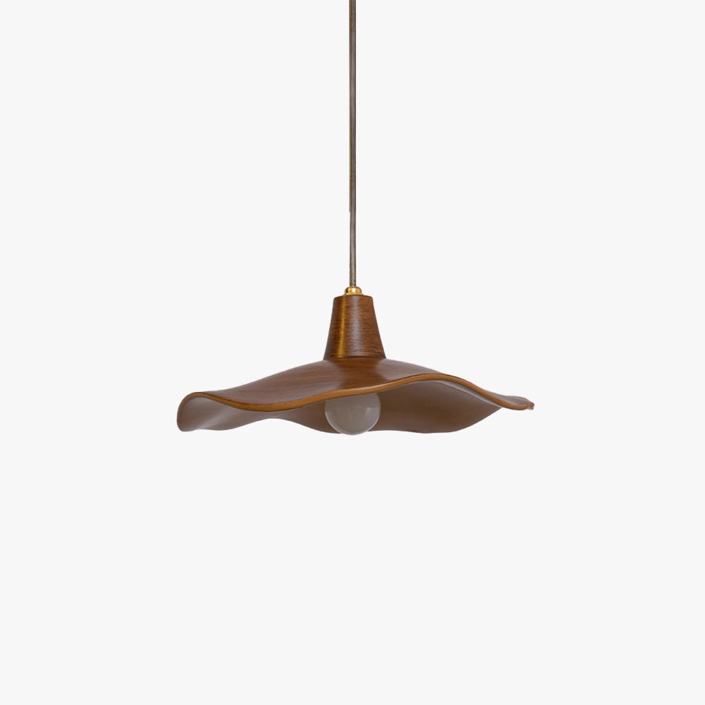 Handcrafted modern sculptural wood pendant light with an organic design, featuring a balanced, artistic form. The fixture is suspended from the ceiling, showcasing natural wood tints and shades, creating a warm and inviting illumination.