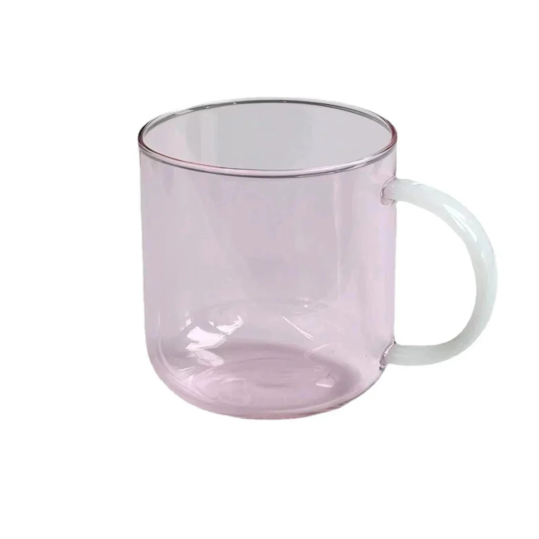 Modern smoke glass mug in pink with a 300ml capacity, showcasing a stylish design made from durable borosilicate glass, suitable for serving tea or other beverages.