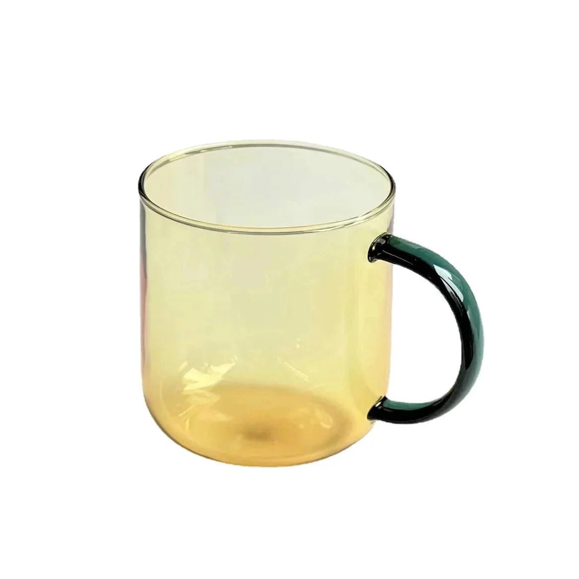 Modern smoke glass mug in a stylish grey color with an orange-yellow hue, made from durable borosilicate glass, holding up to 300ml.
