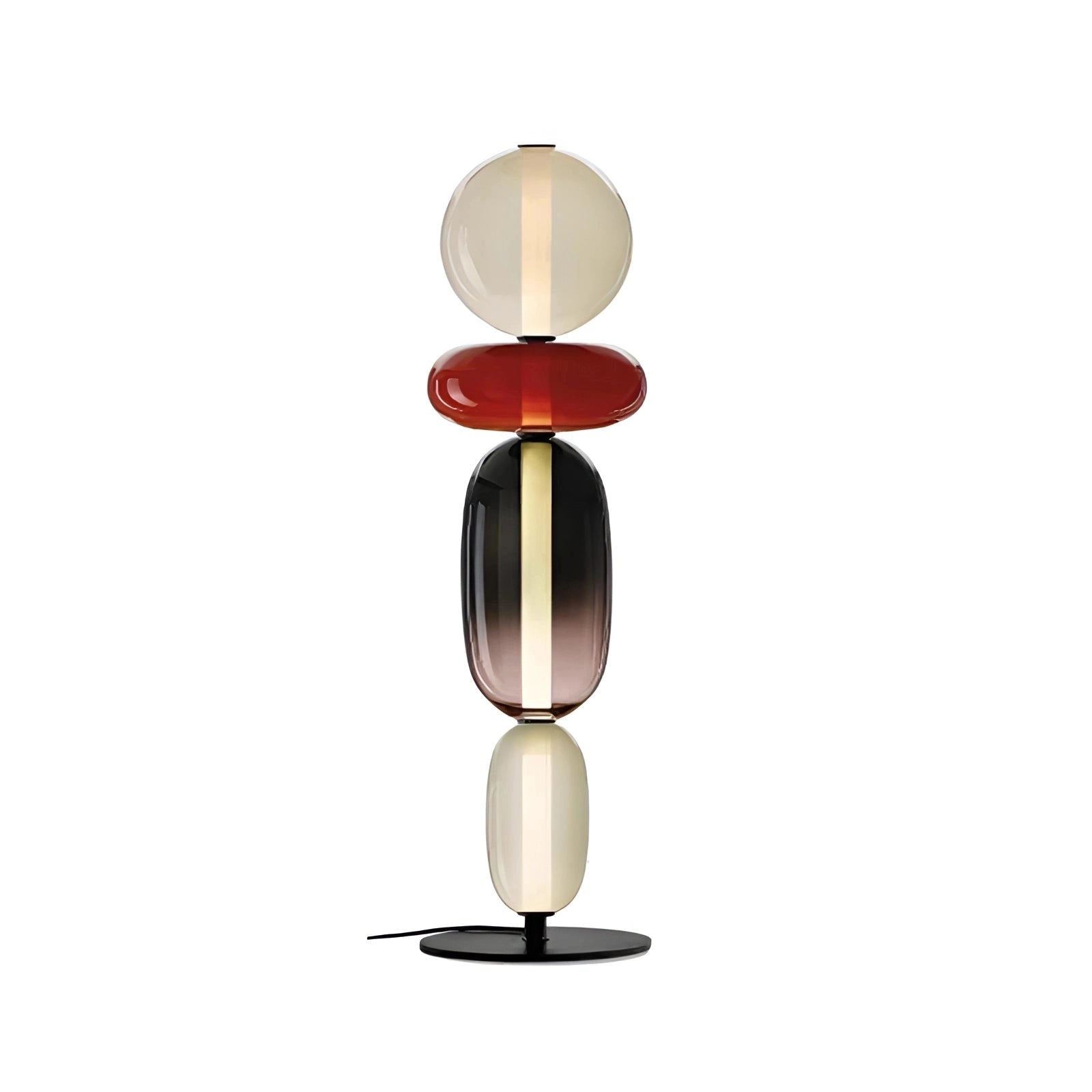 Modern spherical glass table lamp with a luxurious designer look, featuring four cylindrical light heads, crafted from titanium metal elements, and showcasing a balanced, artistic design.