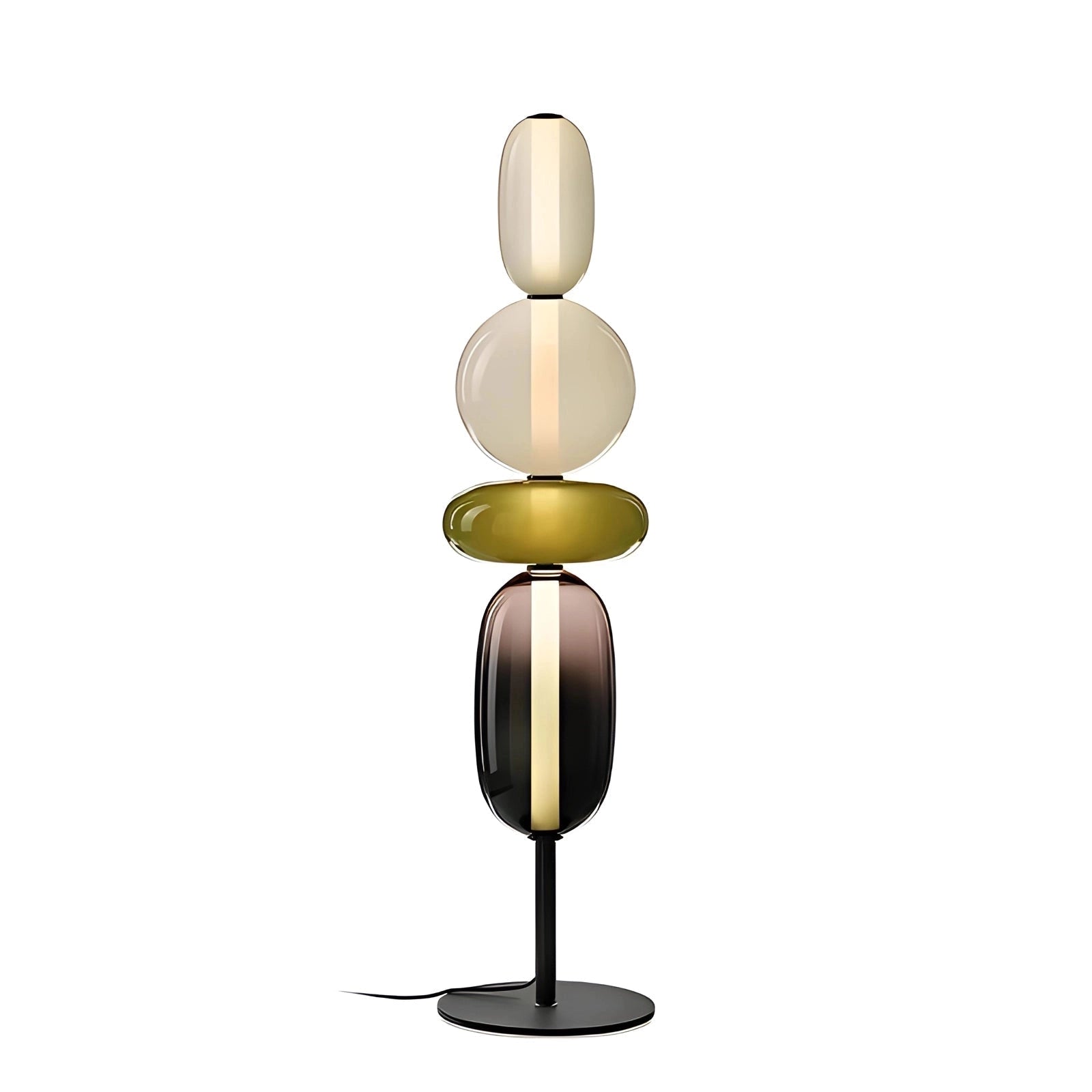 A stylish modern spherical glass table lamp with four rounded heads, featuring luxury designer lighting elements that give a contemporary and artistic look to any room.