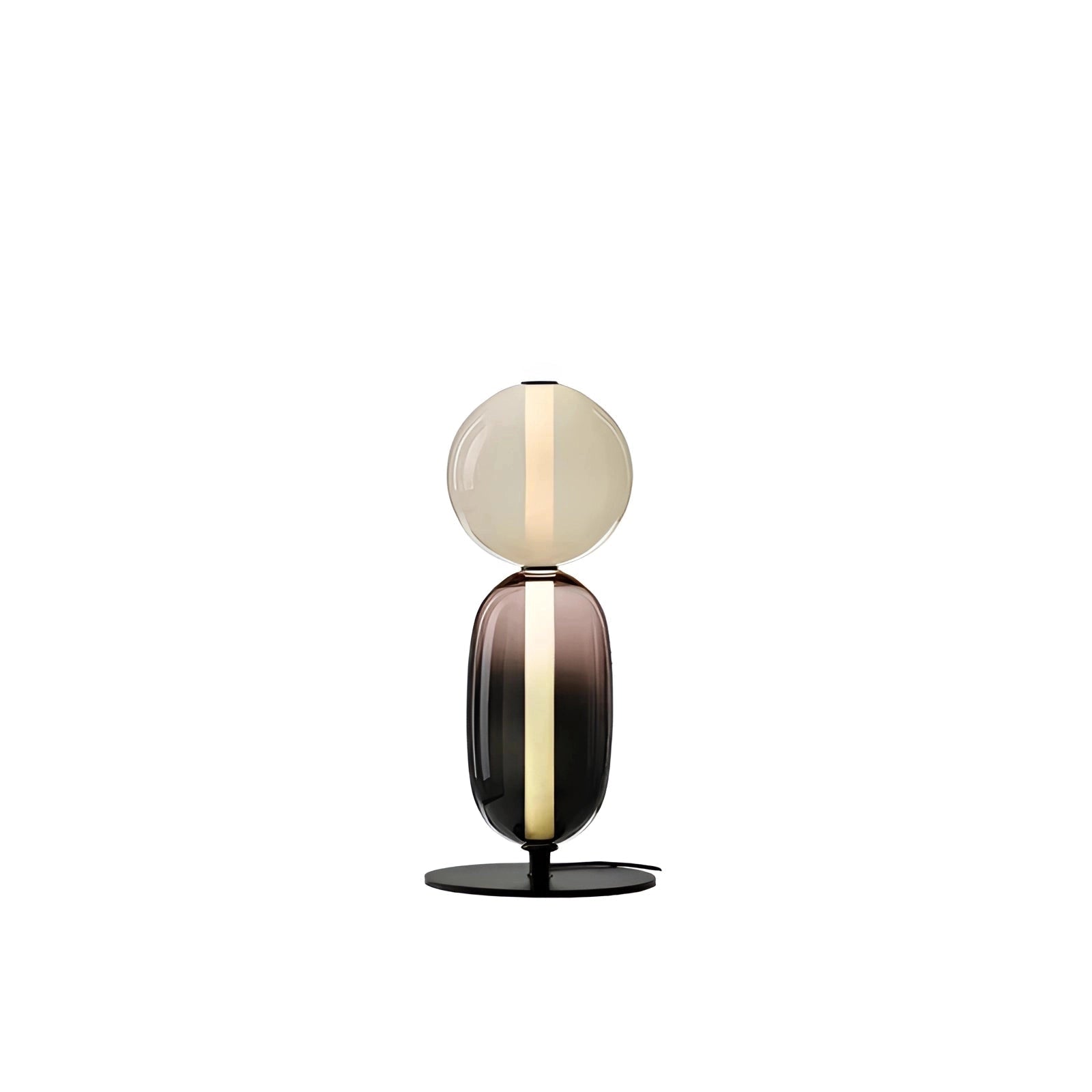 Modern spherical glass table lamp with two heads, featuring a luxury designer lighting design. The lamp is placed on a table, showcasing its elegant and contemporary style.