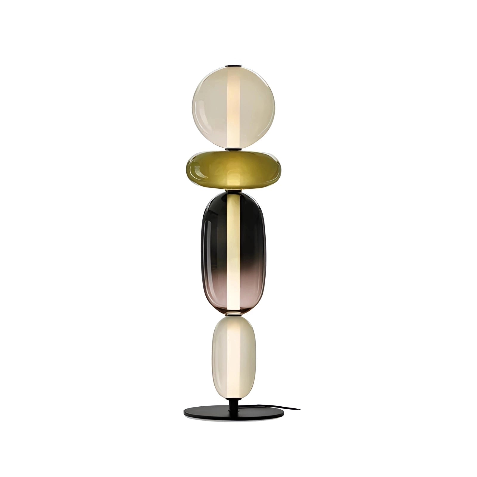 Modern spherical glass table lamp with a luxurious design featuring four cylindrical glass heads on a metal base, displayed in a contemporary setting.