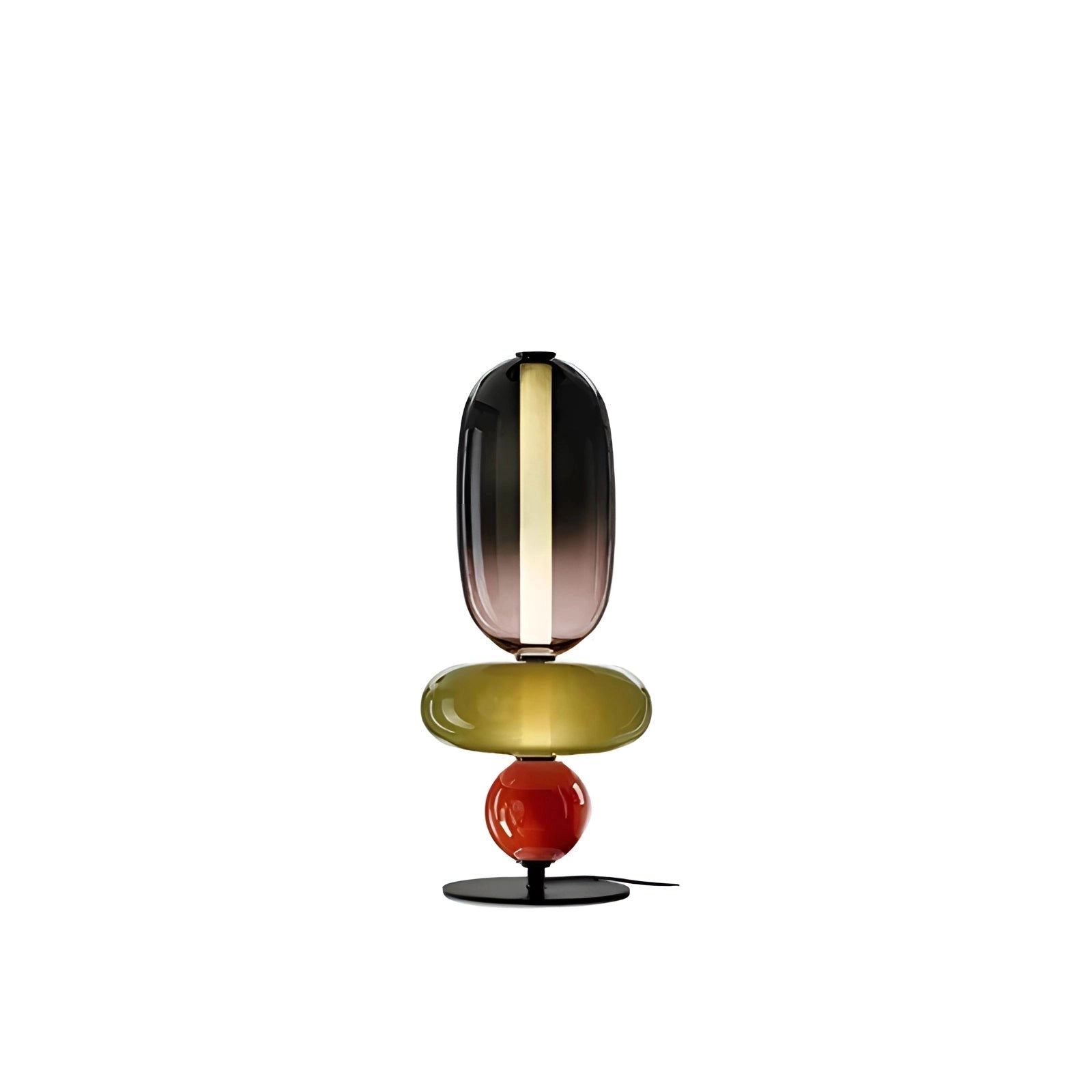 Modern spherical glass table lamp with three heads, featuring a sleek and luxurious designer lighting style. The lamp has a fluid, oval-shaped design that incorporates circular and rectangular elements, crafted from glass, adding an artistic and balanced aesthetic to any space.