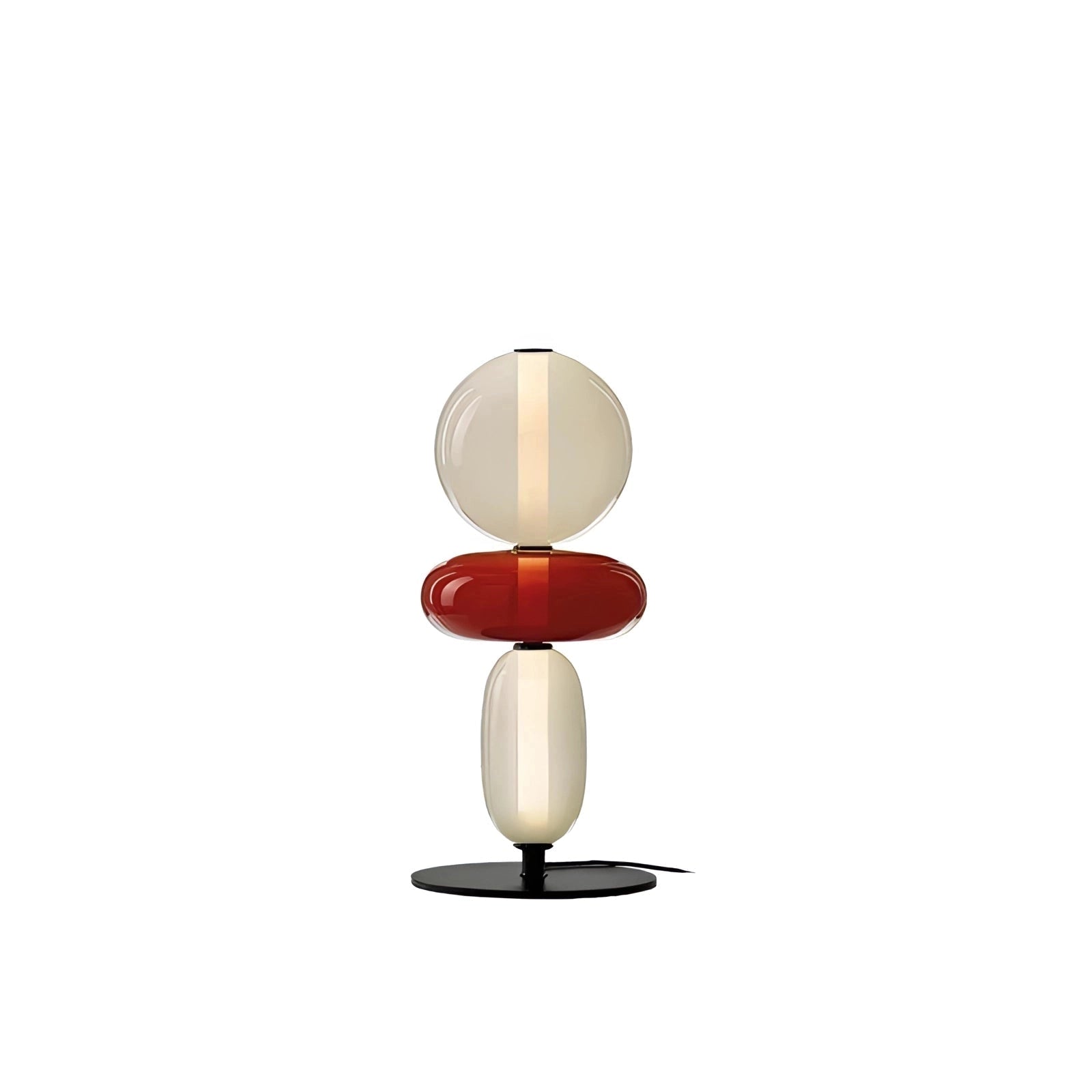 Modern spherical glass table lamp with three heads, showcasing a luxury designer lighting piece on a wooden table, blending artistic elements with circular shapes.