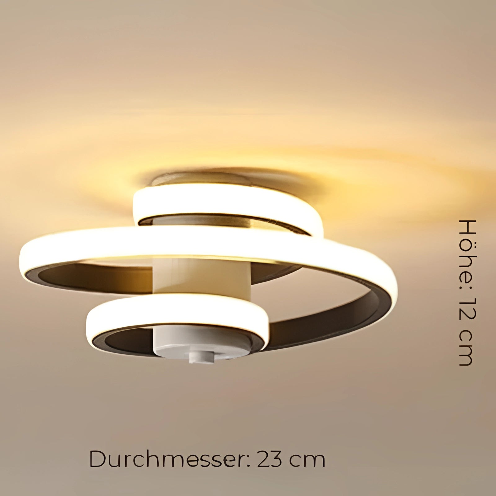 Modern spiral LED ceiling light with energy-efficient features, showcasing a minimalist design with sleek metal elements and a sophisticated appearance.
