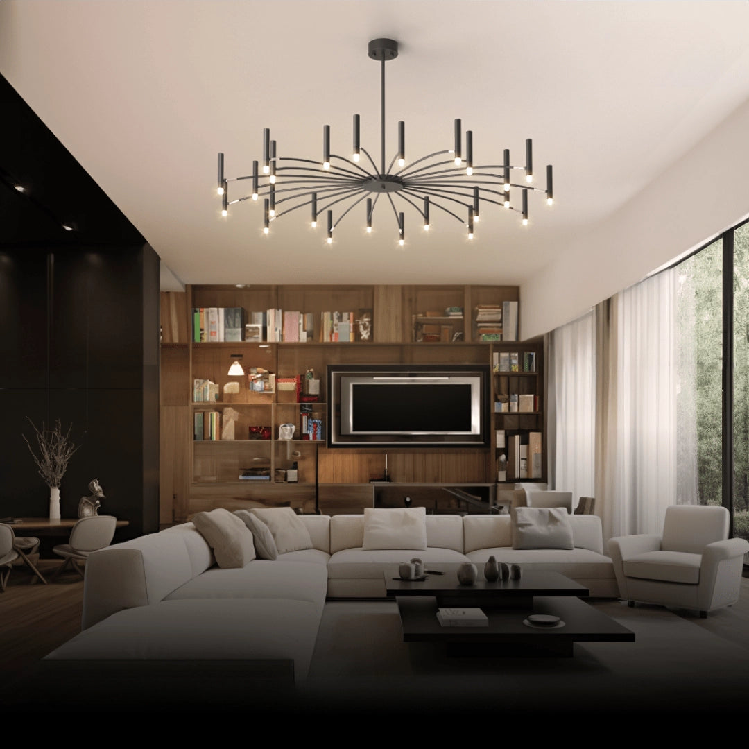 Modern starburst chandelier illuminating a minimalist interior decor setting with wooden flooring, stylish furniture, and decorative elements enhancing comfort and style.