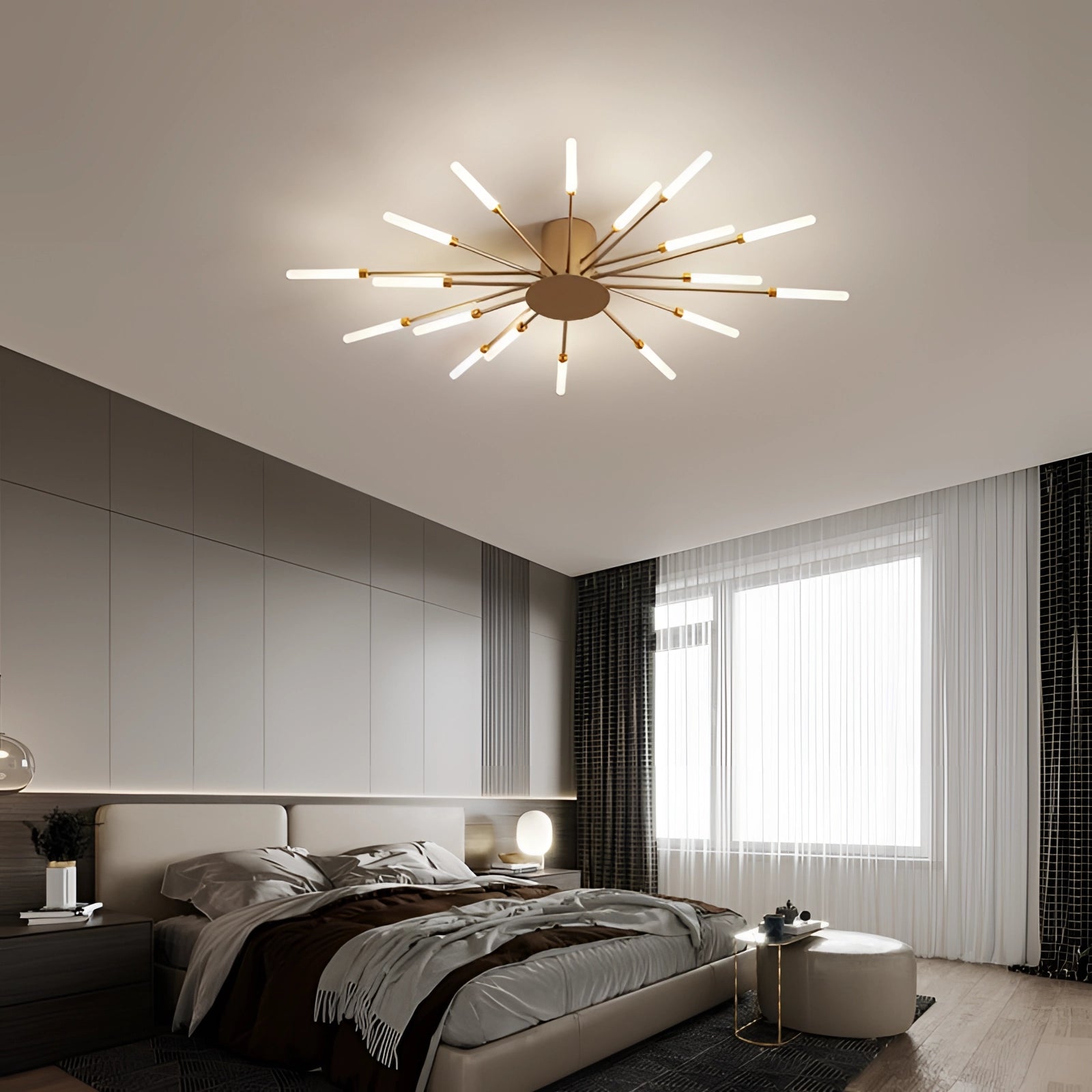 Modern Starburst LED Chandelier in black and white, illuminating a stylishly furnished room with contemporary interior design elements.