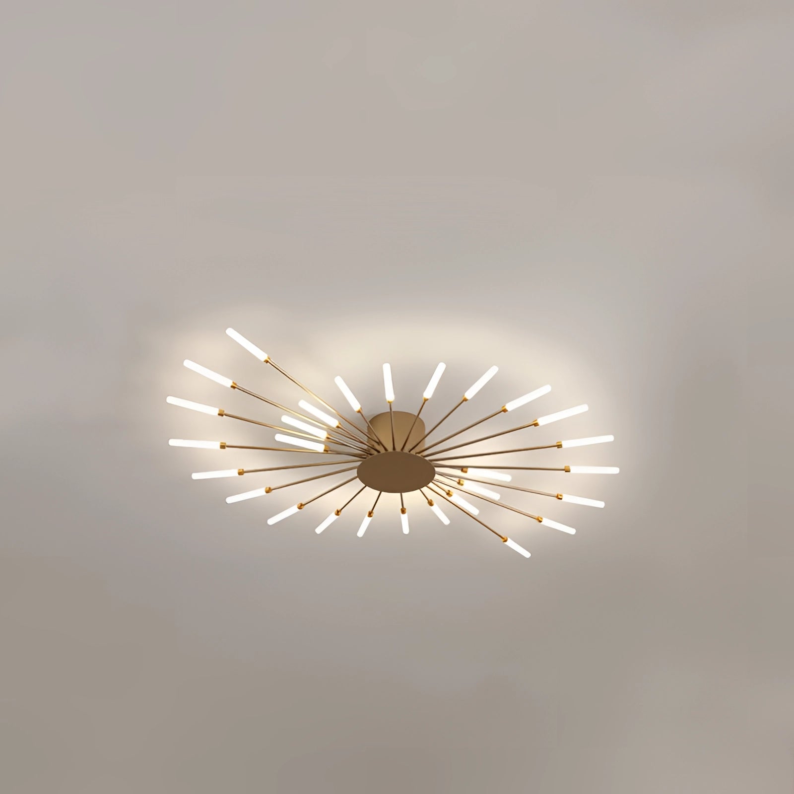 Modern Starburst LED Chandelier with black and white finish, featuring a luxurious design with gold accents, suspended from the ceiling and illuminating the space.
