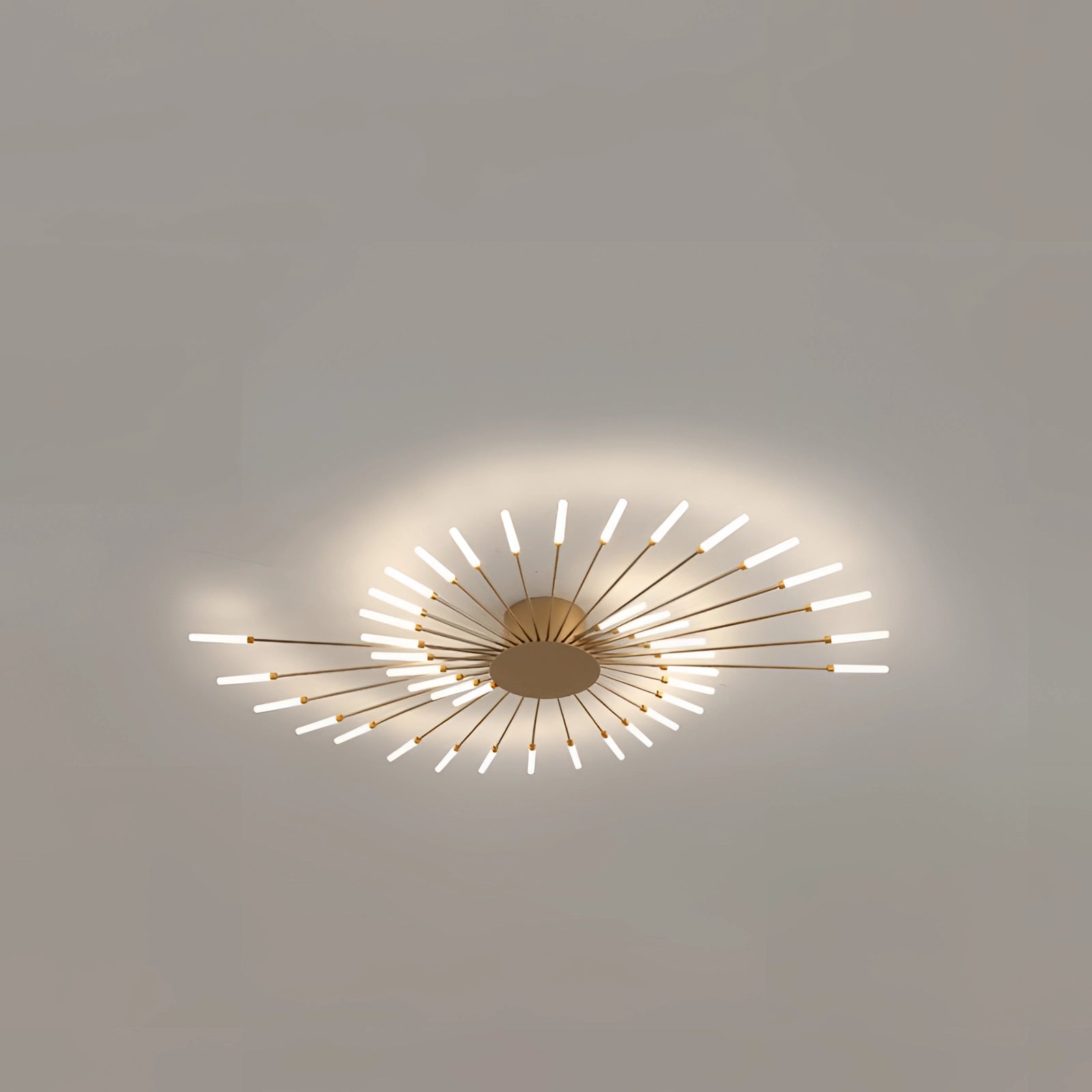 Modern Starburst LED Chandelier in luxury black and white with gold accents, 42-inch diameter, hanging from the ceiling, featuring metal and electric blue elements.
