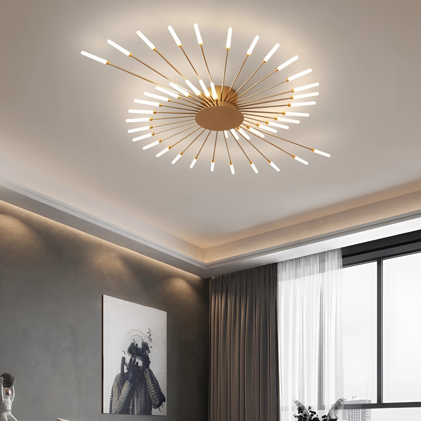 Modern Starburst LED chandelier with black and white design, hanging from the ceiling in a stylish interior with large windows, wood accents, and plants.