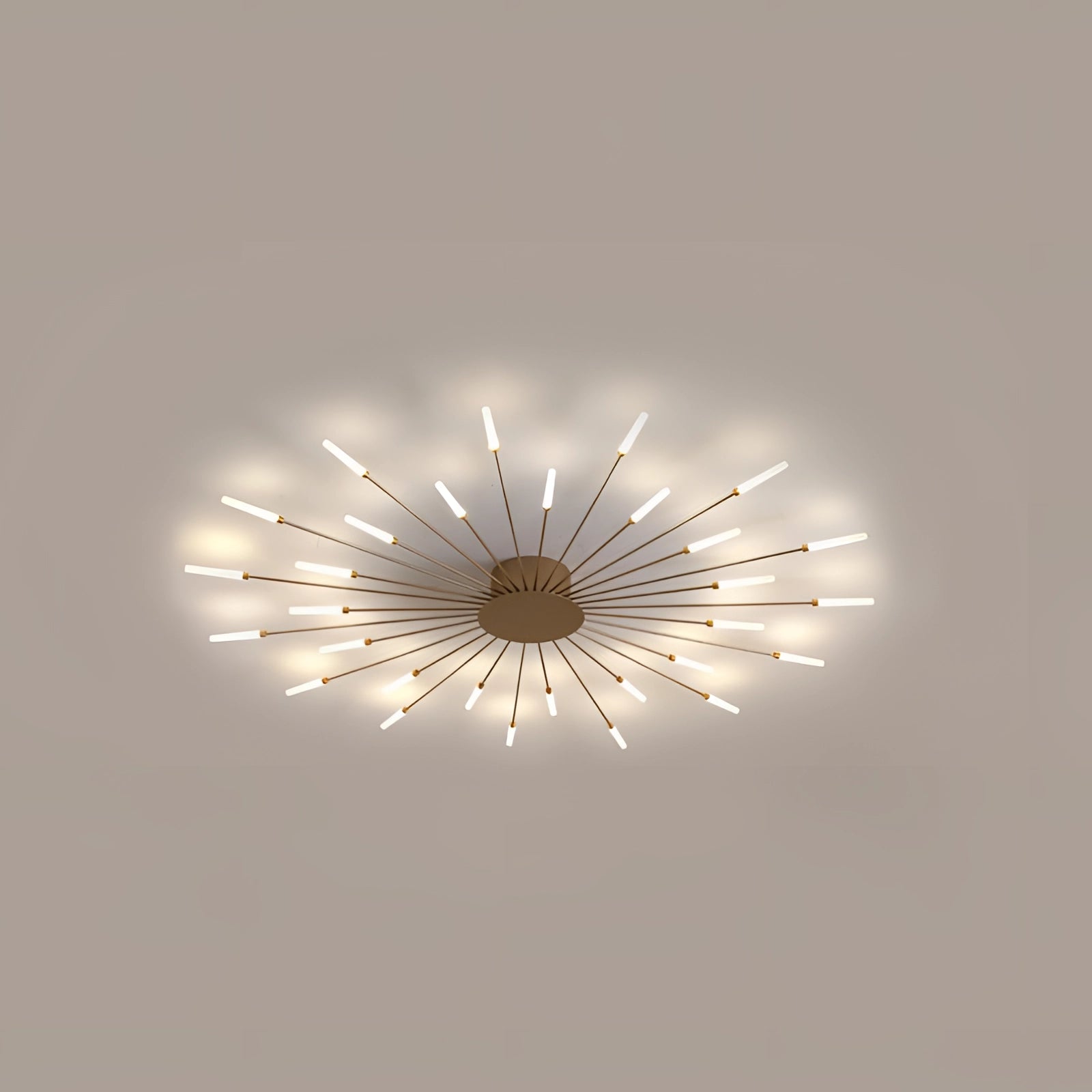Modern Starburst LED Chandelier in Gold, featuring a black and white design with a 30-inch diameter, showcasing a symmetrical circular arrangement of light elements.