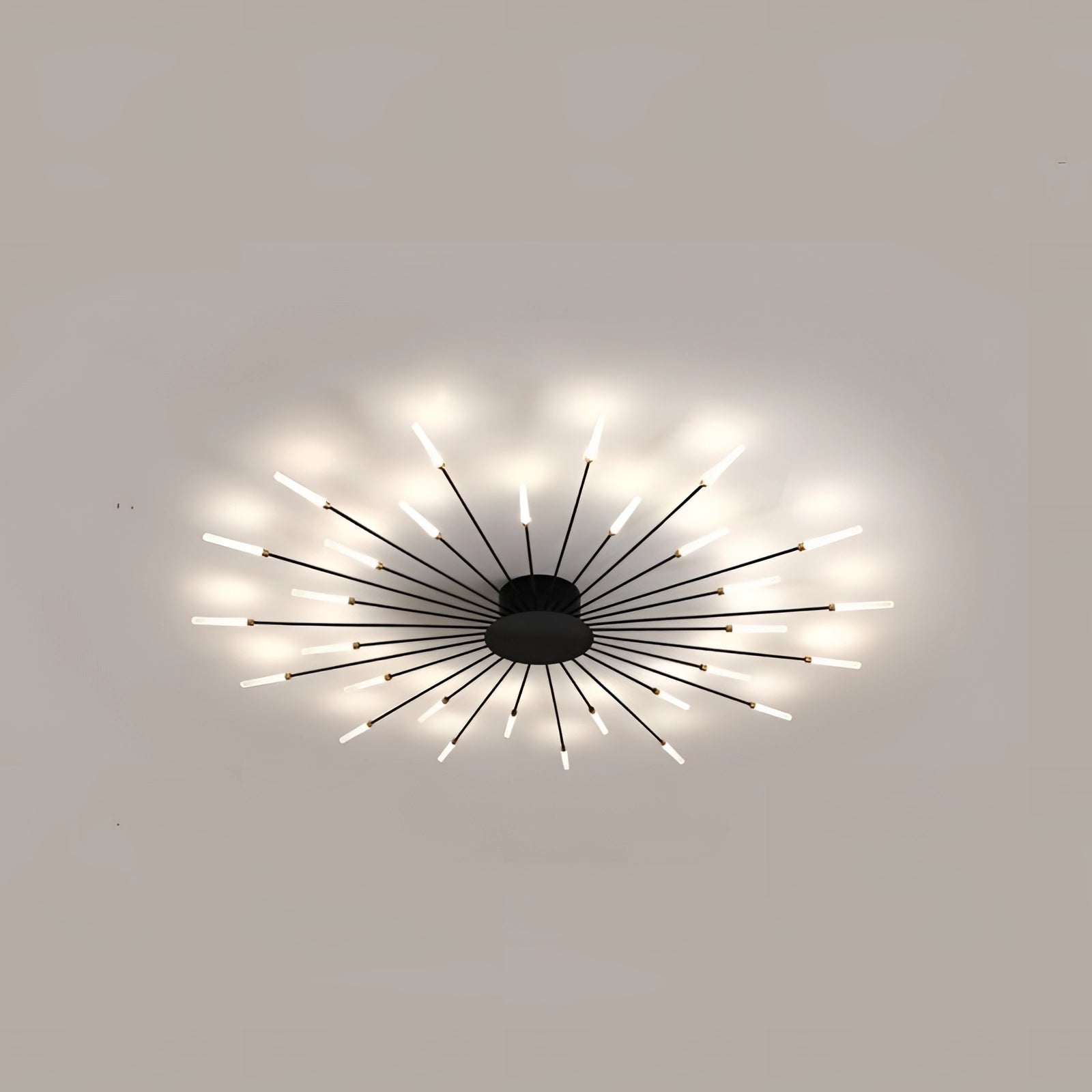 Modern Starburst LED Chandelier in black, 30-inch variant, luxury ceiling light with black and white starburst design.