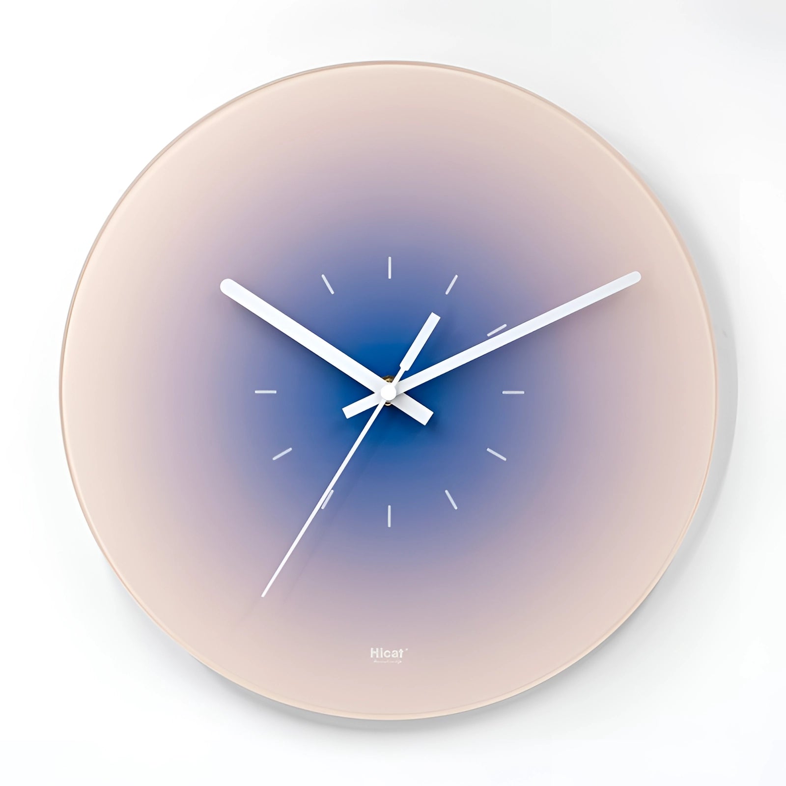 Minimalist gradient wall clock with a white and electric blue design, featuring a circular shape and modern font, suitable for interior decor.
