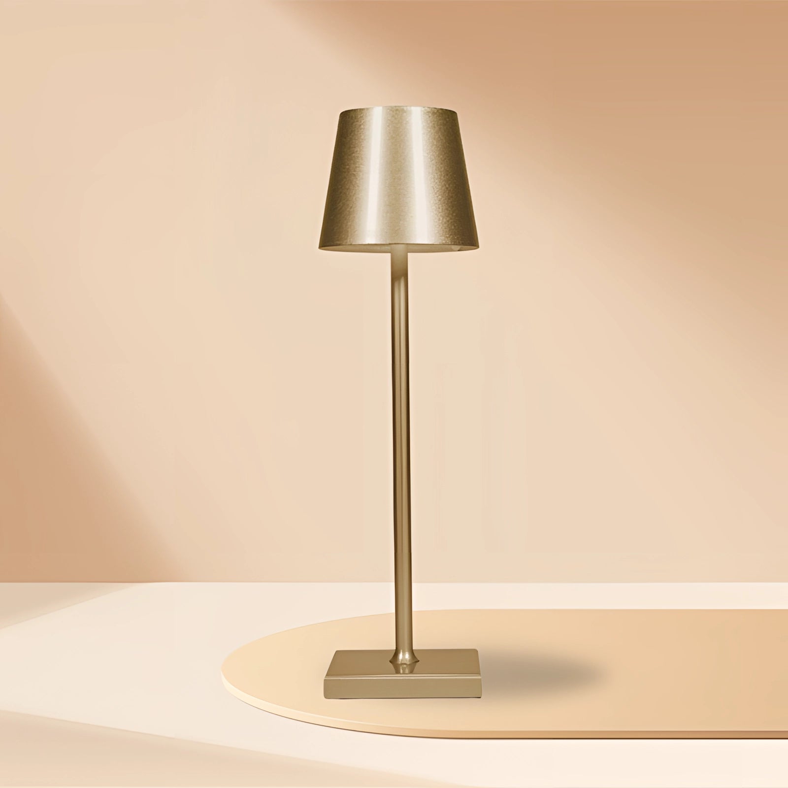 Tall white and gold floor lamp with a minimalist design, featuring a sleek lampshade and wooden accents, enhancing the modern chic aesthetic of a living room setting.
