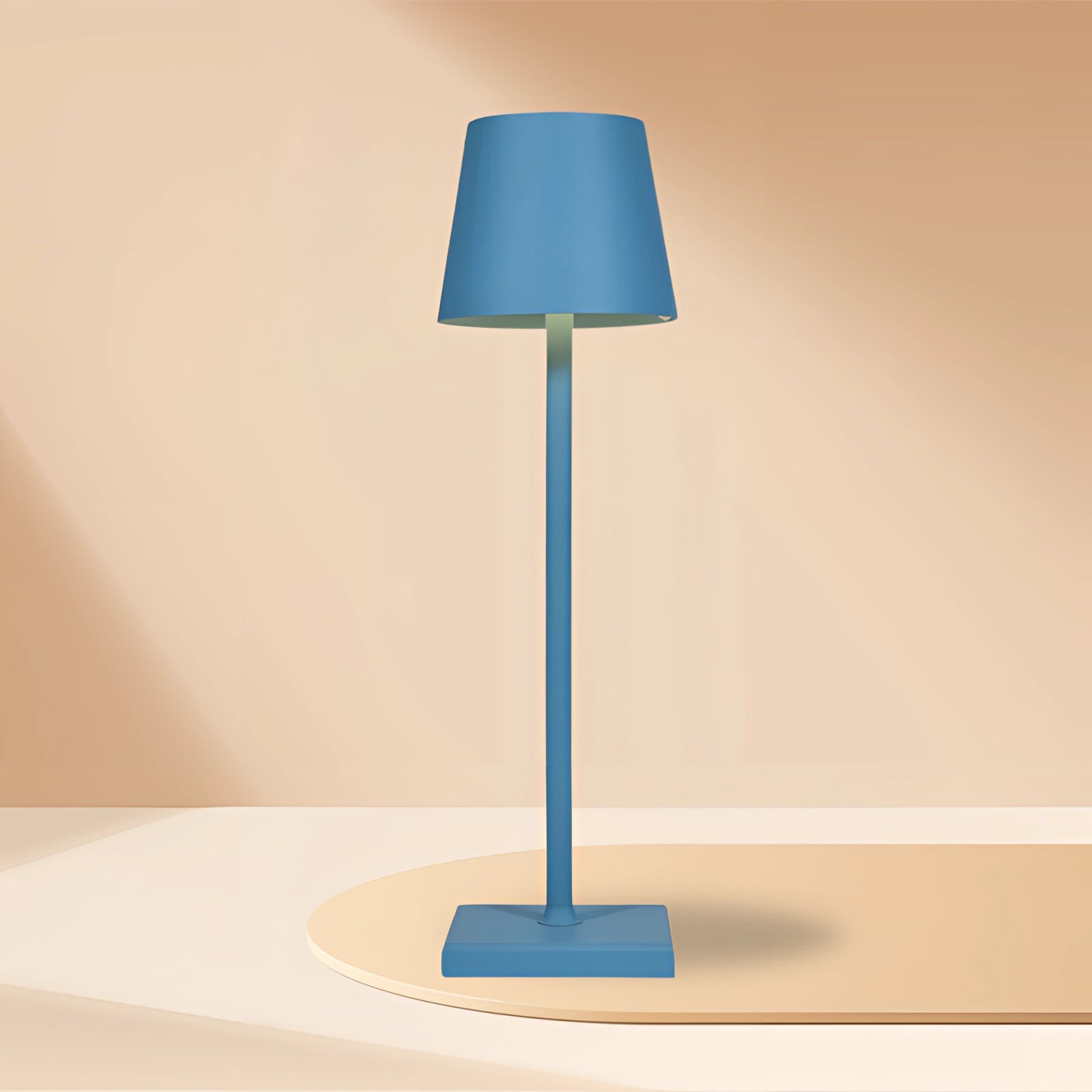Modern tall white floor lamp with a minimalist design, featuring an electric blue lampshade and wooden accents, suitable for chic living room lighting.