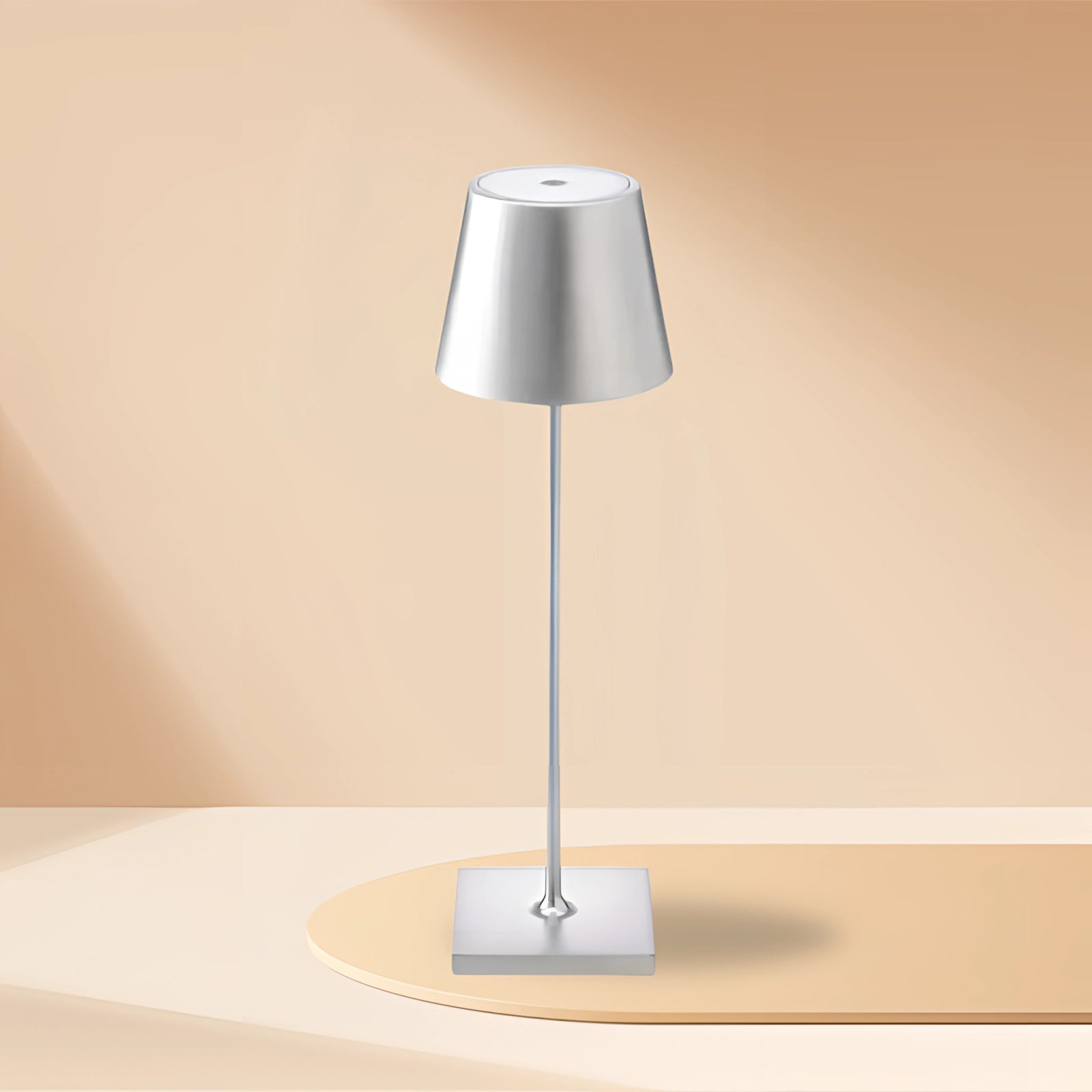 Tall modern white floor lamp with a minimalist design, featuring a silver lampshade, suitable for chic living room lighting.