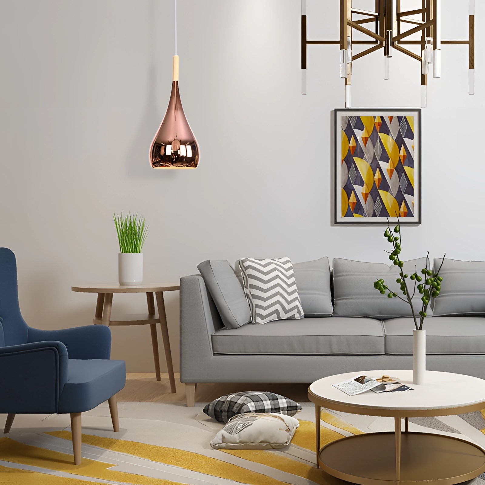 Modern teardrop smoked glass pendant light with rose gold accents hanging above a contemporary kitchen setting, featuring sleek interior design elements and subtle lighting.