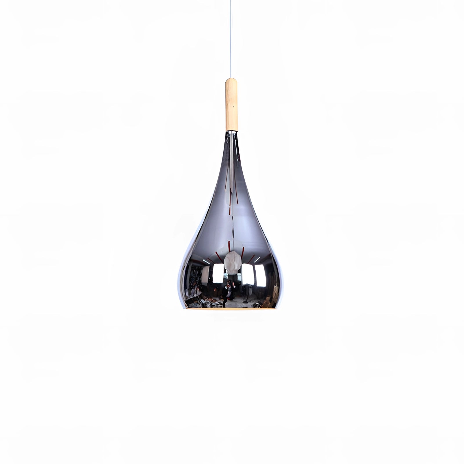 Modern teardrop smoked glass pendant light with a sleek design, hanging from a ceiling in a contemporary kitchen setting.