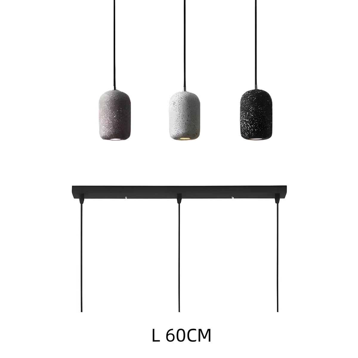 Modern textured concrete pendant lights hanging over a sleek, minimalist kitchen table with chairs, showcasing a contemporary design aesthetic.