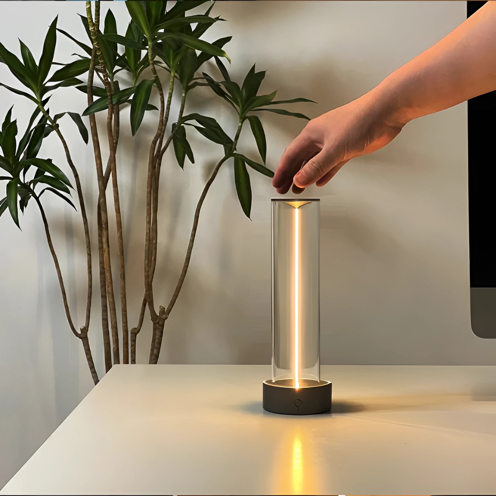 Modern touch LED lamp placed on a wooden table surrounded by houseplants in decorative flowerpots, showcasing interior design with a natural and contemporary aesthetic.