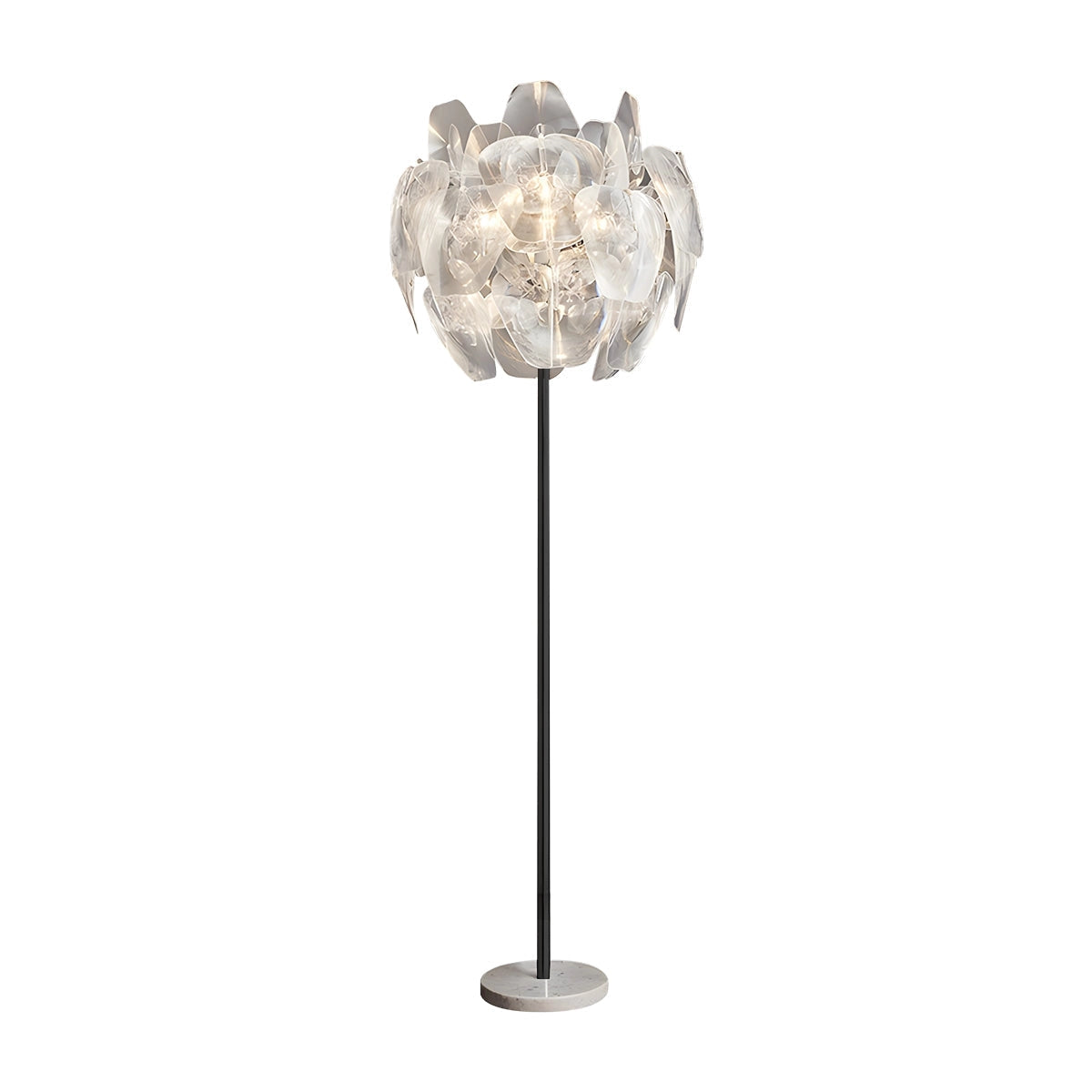 Modern tri-leg floor lamp with a petal design, featuring a clear acrylic globe, black finish, and standing 65 cm tall.