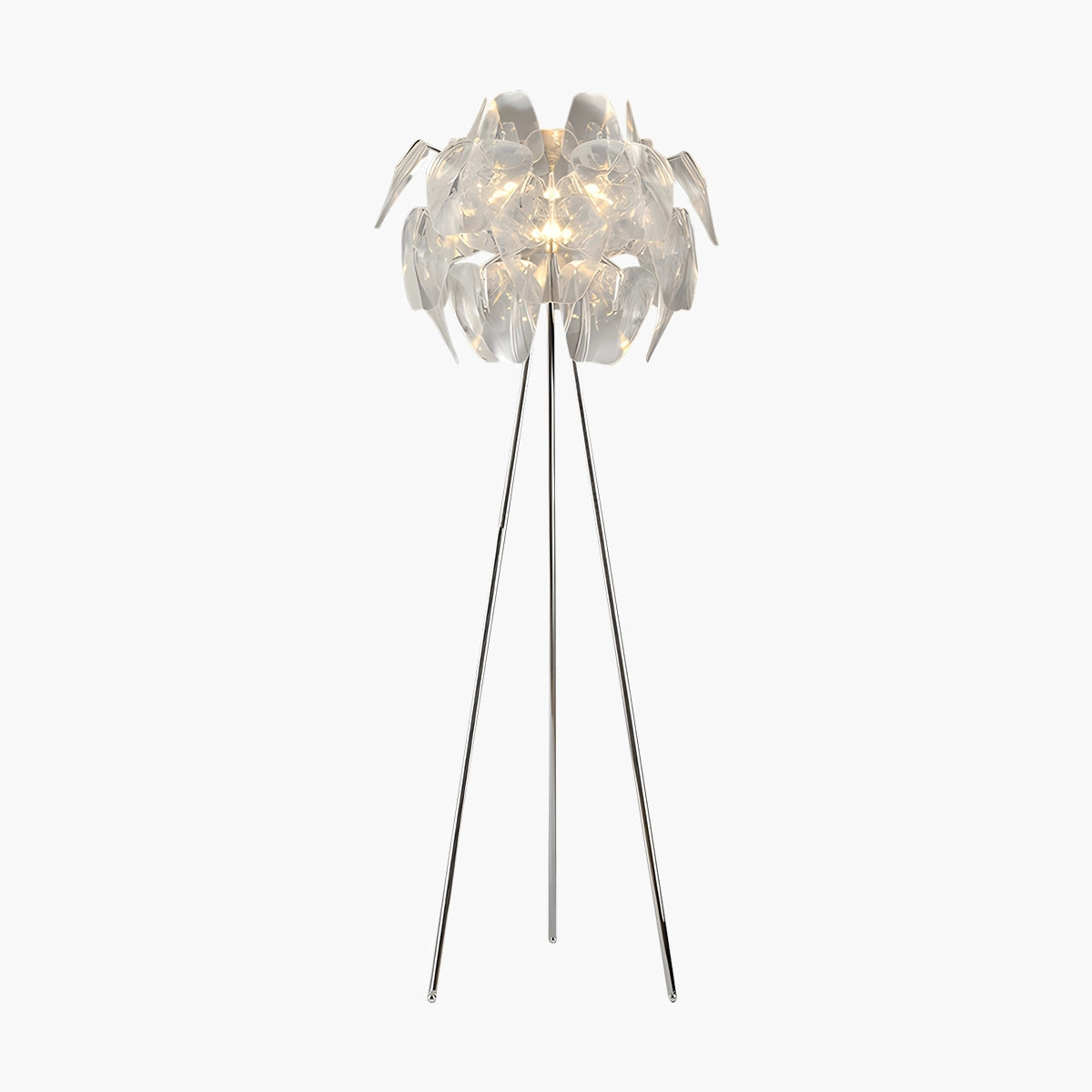 Modern tri-leg floor lamp with clear acrylic globe and petal design, featuring sleek and symmetrical twig-like fashion elements.