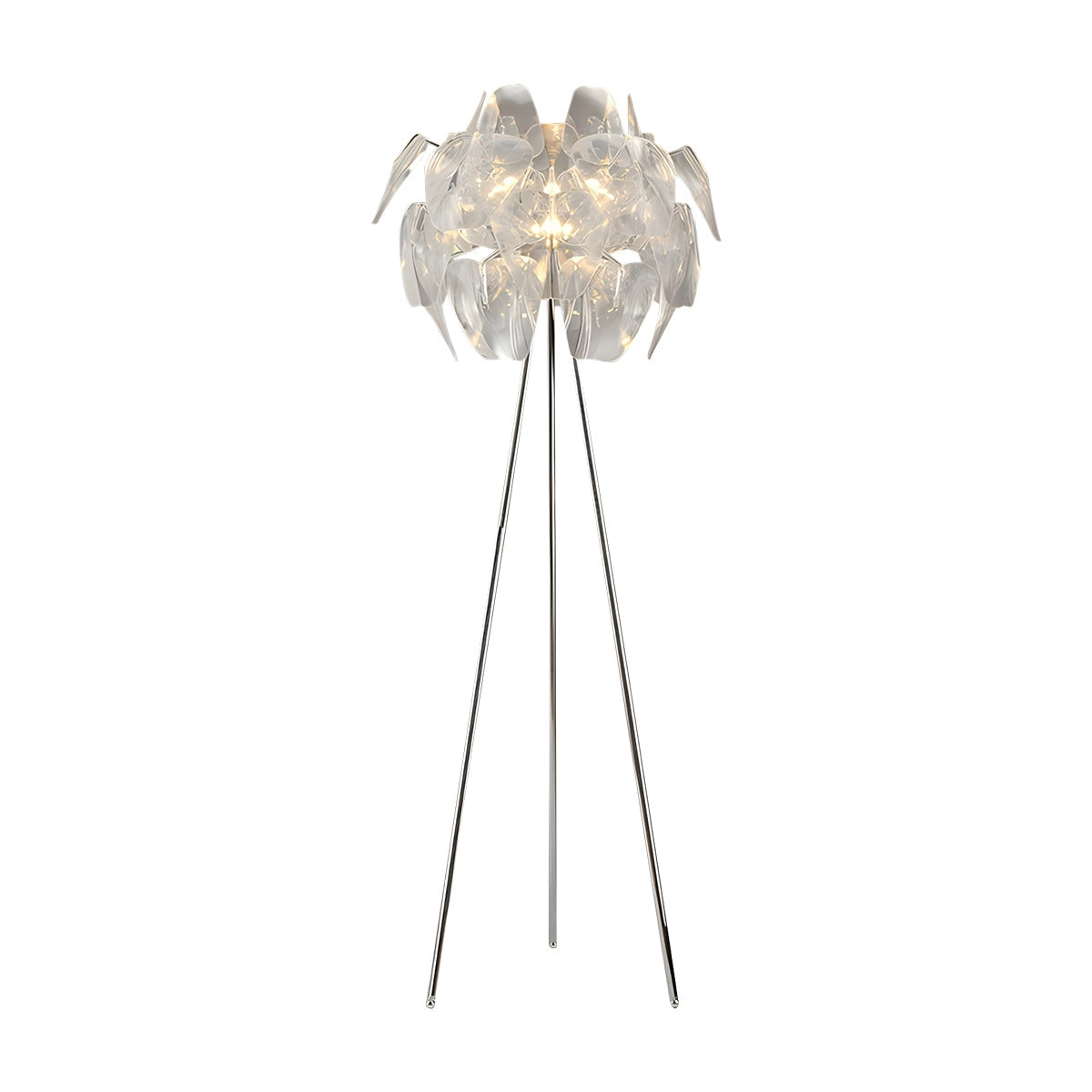 Modern tri-leg floor lamp with petal design featuring a clear acrylic globe, chrome finish, 65cm tall.