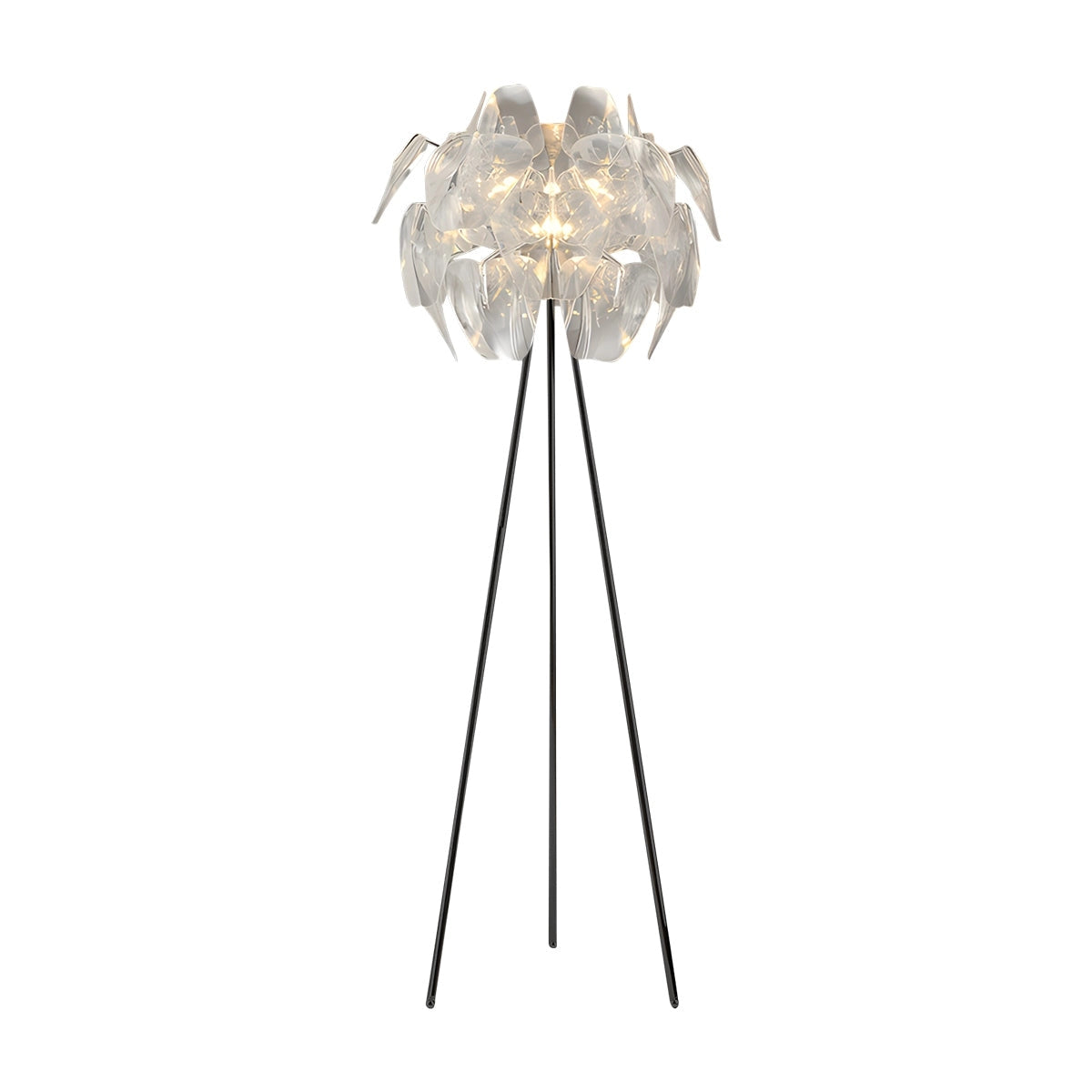 Modern tri-leg floor lamp with petal design, featuring a clear acrylic globe and black metal stand, 65cm in height.