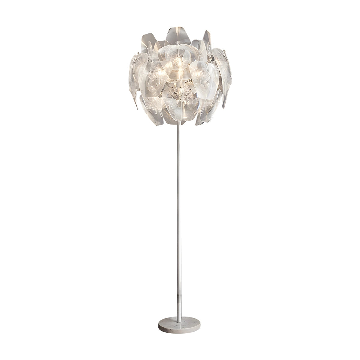 Modern Tri-Leg Floor Lamp with Clear Acrylic Globe, Chrome Finish, Petal Design, 65cm Height, 25.59" Diameter.
